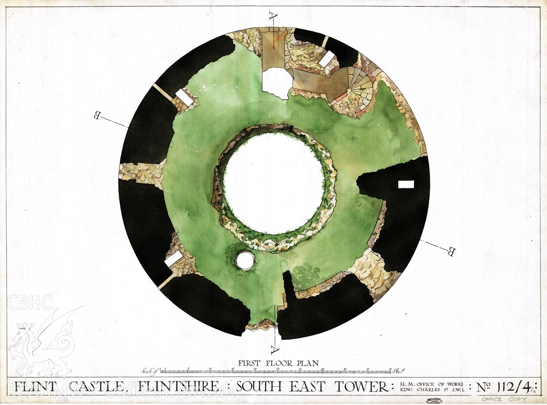 Cadw guardianship monument drawing of Flint Castle. Round keep (SE) upper plan (tinted). Cadw Ref. No:112/4//a. Scale 1:48.