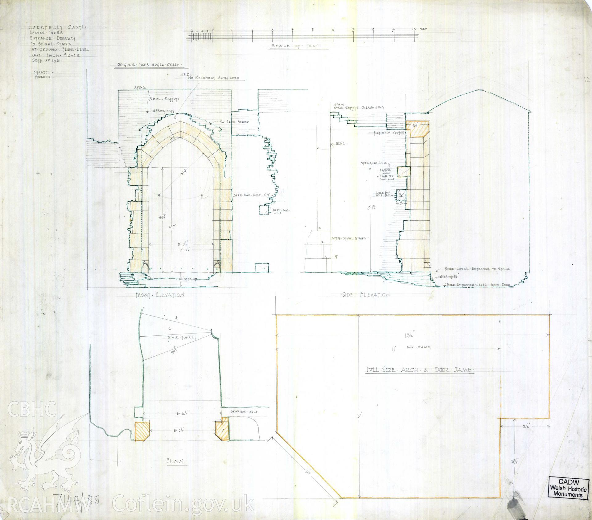 Digital copy of Cadw guardianship monument drawing of Caerphilly Castle. NW tower, gr fl, door to stairs. Cadw ref. no: 714B/85. Scale 1:12.1. Original drawing withdrawn and returned to Cadw at their request.