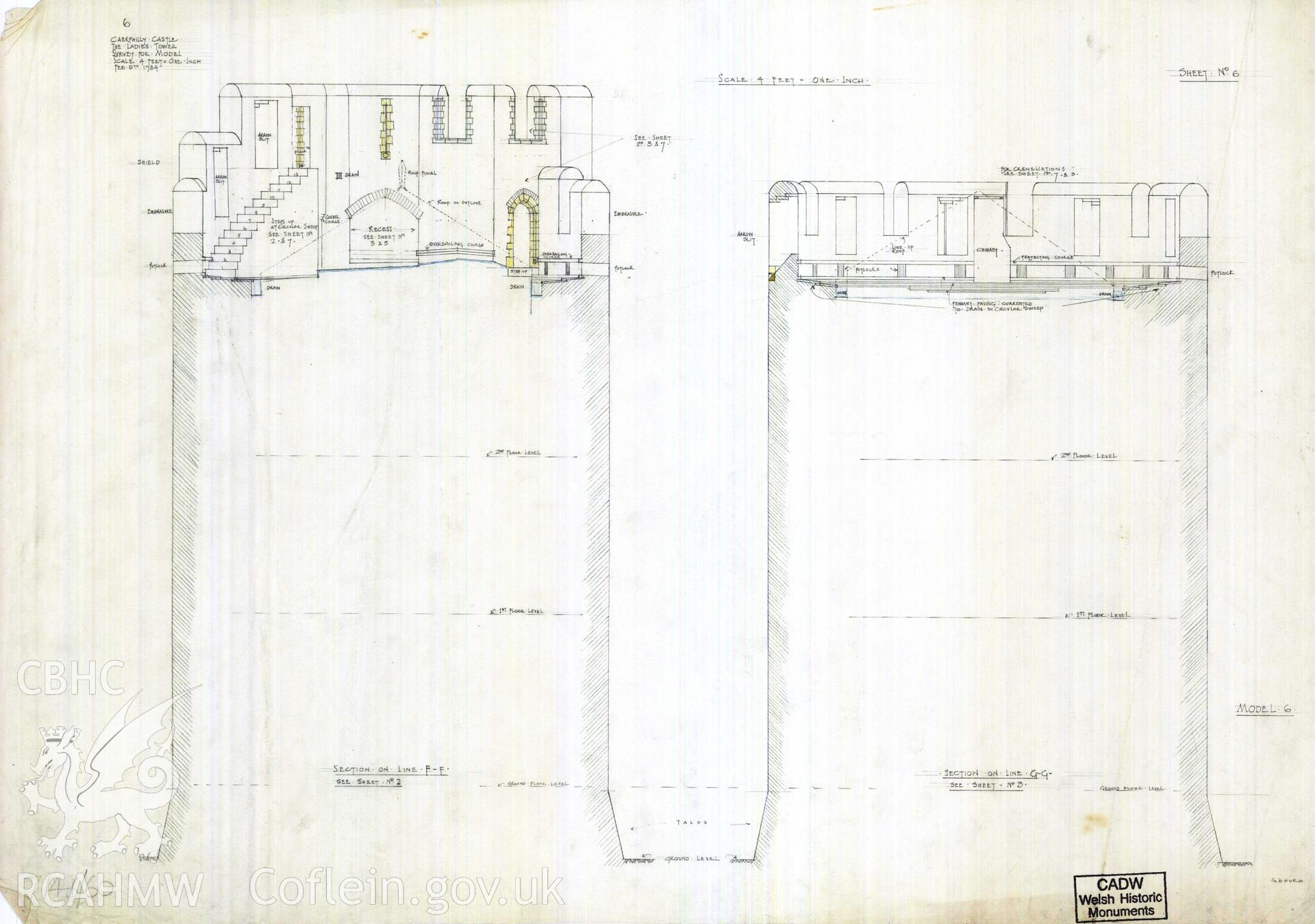 Cadw guardianship monument drawing of Caerphilly Castle. NW tower, 6, sections. Cadw ref. no: 714B/60. Scale 1:48. Digital copy on Cadw CD C1. Original drawing withdrawn and returned to Cadw at their request.