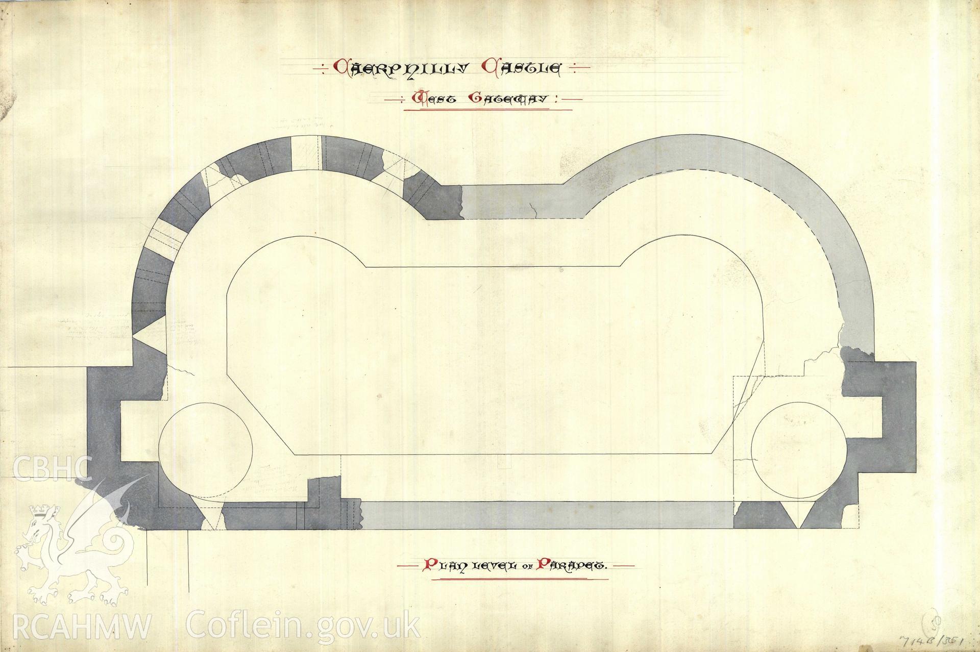 Cadw guardianship monument drawing of Caerphilly Castle. Inner W gate, parapet plan. Cadw Ref. No:714B/351. Scale 1:24.