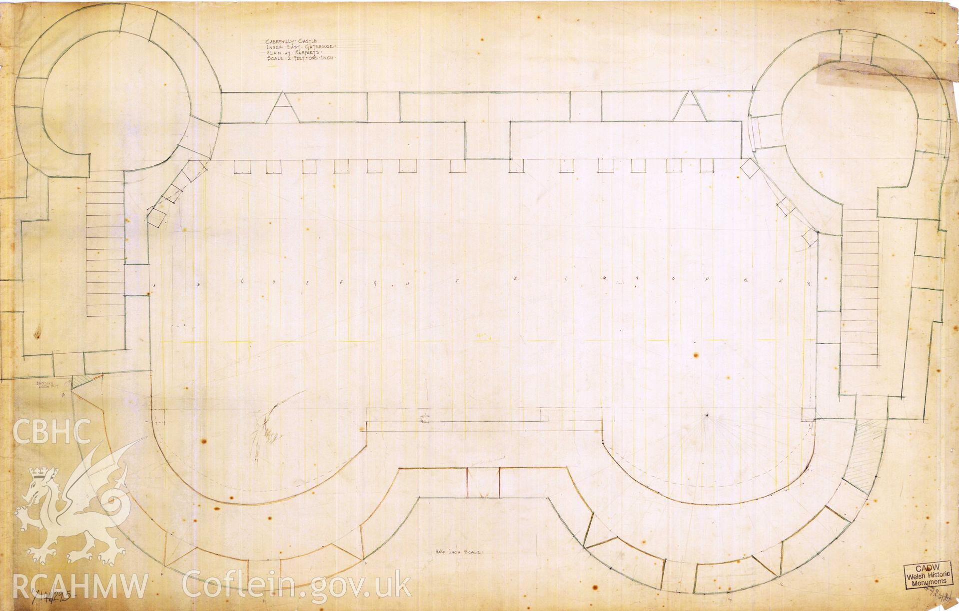 Cadw guardianship monument drawing of Caerphilly Castle. Inner E gate, parapet plan. Cadw Ref. No:714B/295. Scale 1:24.