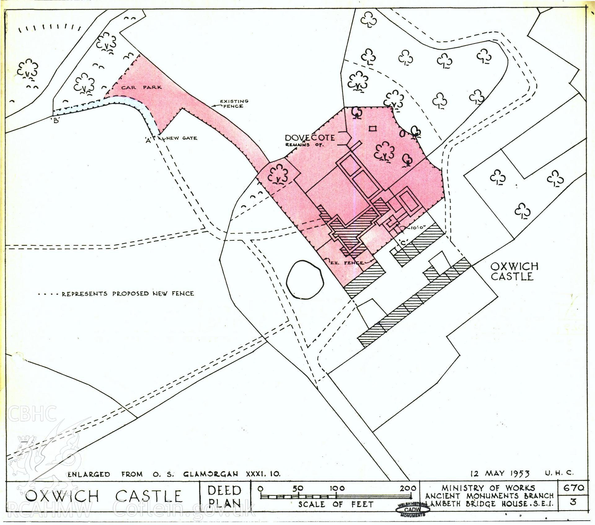 Cadw guardianship monument drawing of Oxwich Castle. Deed plan. Cadw Ref. No:670/3. Scale 1:630.