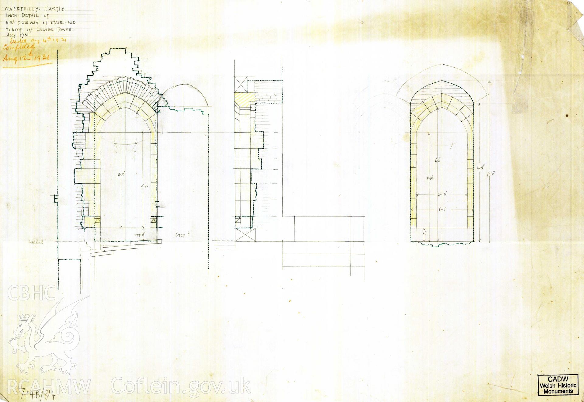 Digital copy of Cadw guardianship monument drawing of Caerphilly Castle. NW tower, door to roof. Cadw ref. no: 714B/84. Scale 1:12. Original drawing withdrawn and returned to Cadw at their request.