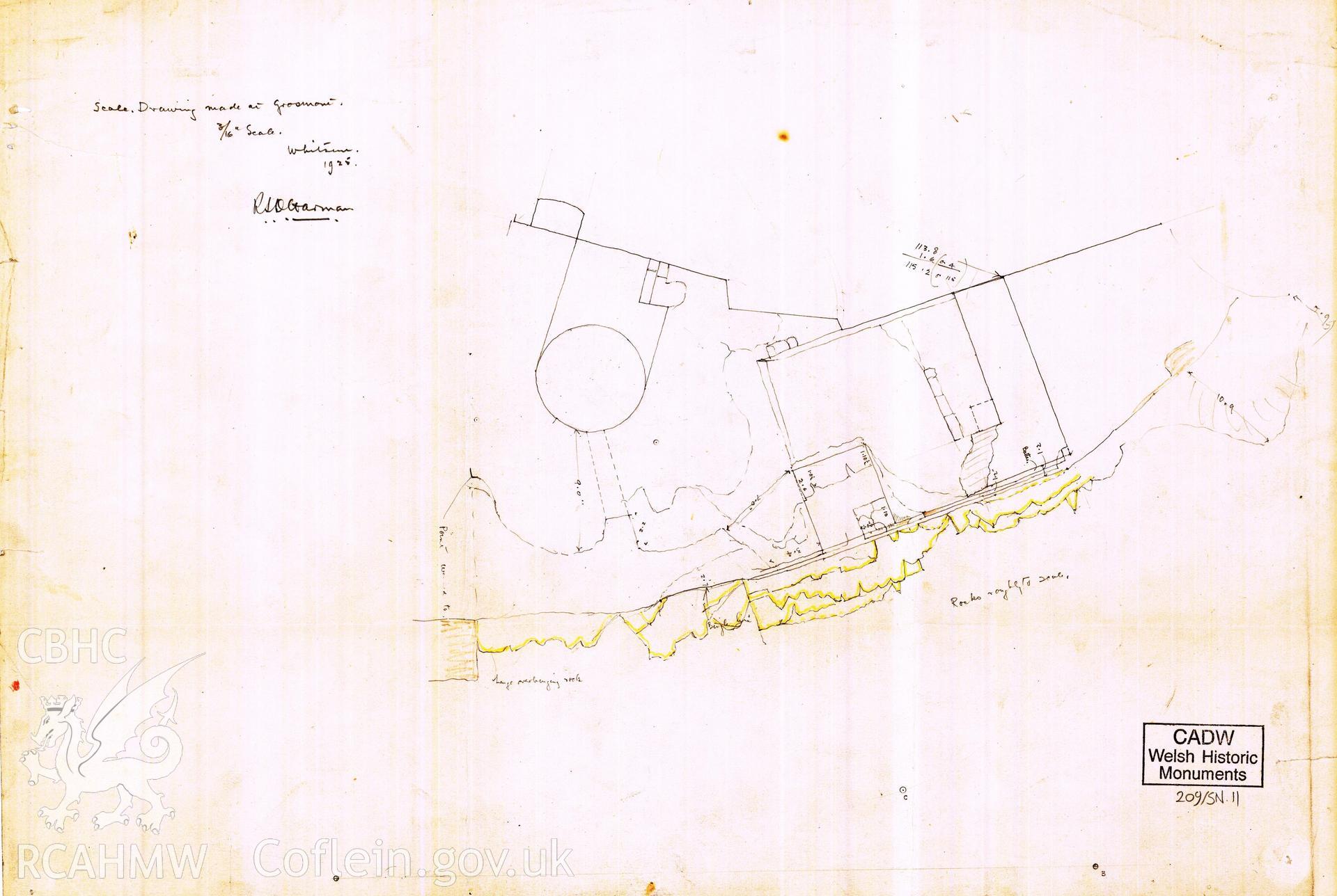 Cadw guardianship monument drawing of Grosmont Castle. NW tower, footings to W. Cadw Ref. No:209/SN.11. Scale 1:64.