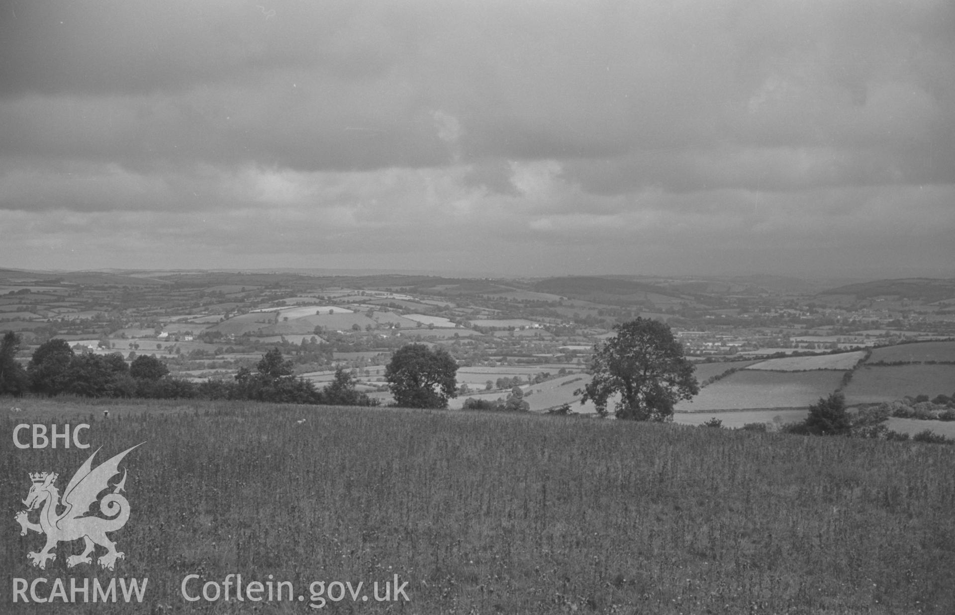 Digital copy of a black and white negative showing view of railway going through the Teifi Valley to Lampeter from Pencarreg. Photographed in September 1963 by Arthur O. Chater from Grid Reference SN 552 445, looking north east.