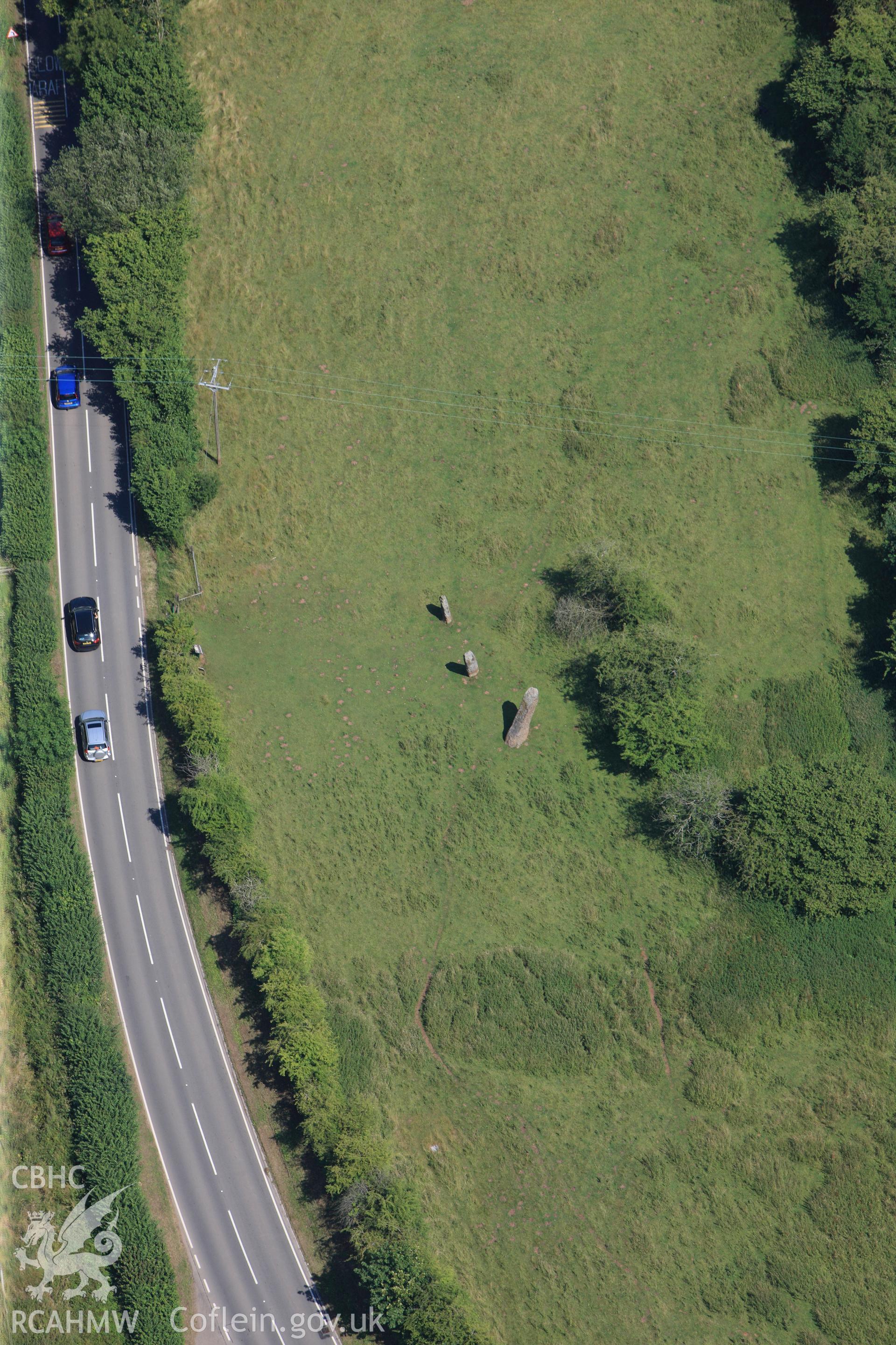 Harold's Stones, Trellech, south of Monmouth. Oblique aerial photograph taken during the Royal Commission?s programme of archaeological aerial reconnaissance by Toby Driver on 1st August 2013.