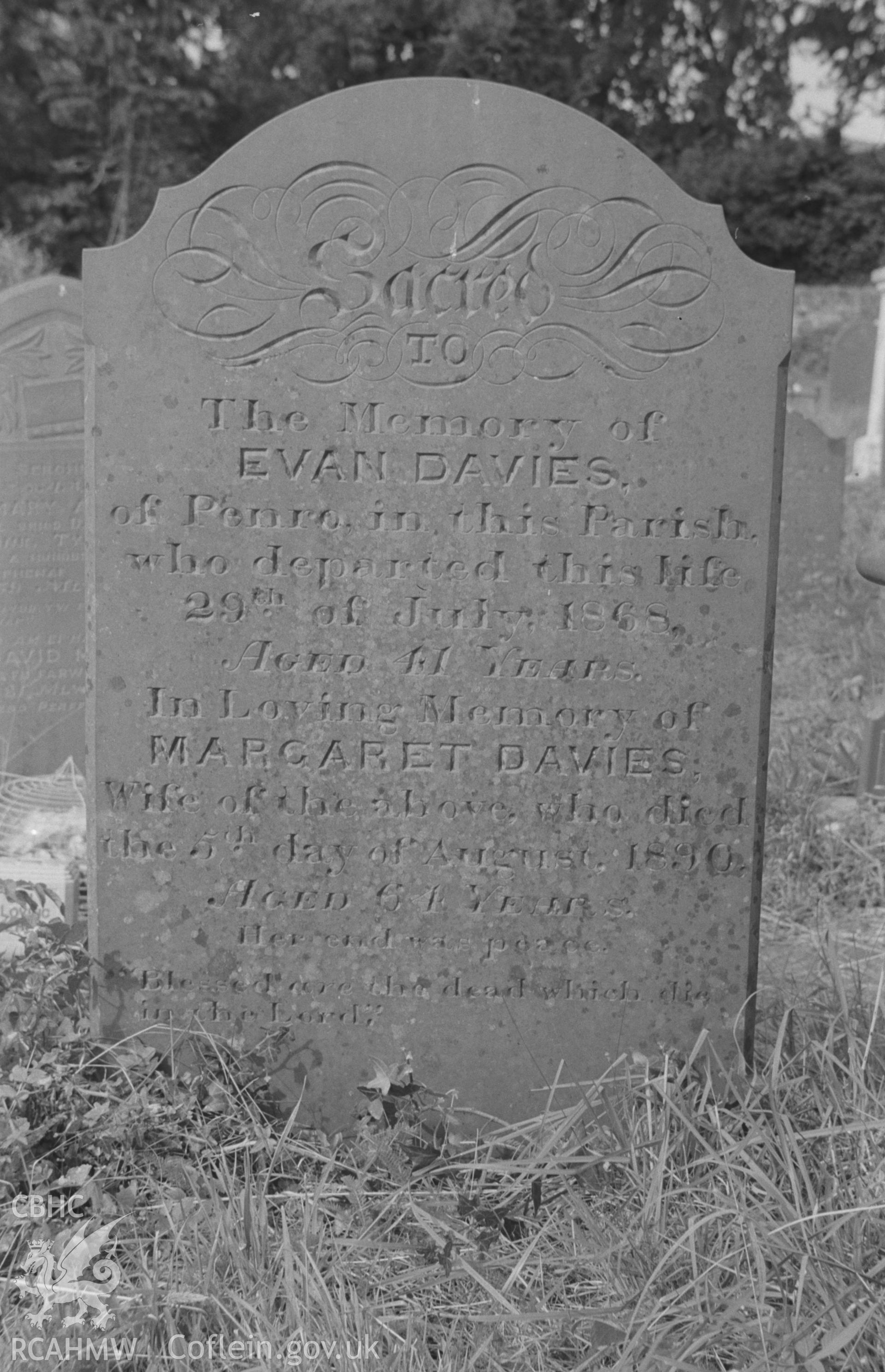 Digital copy of a black and white negative showing gravestone in memory of Evan and Margaret Morgan of Penro at St. Non's Church, Llanerchaeron. Photographed by Arthur O. Chater in September 1966.