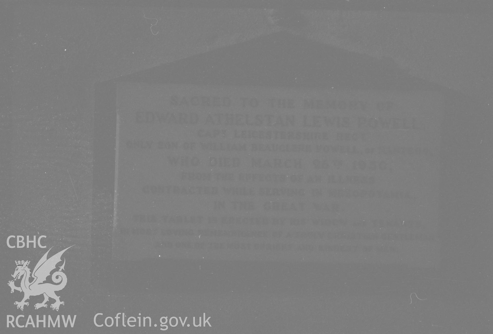 Digital copy of a black and white negative showing poor quality image of memorial to the Powell family in St. Padarn's church, Llanbadarn, Aberystwyth. Photographed by Arthur O. Chater on 19th August 1967.