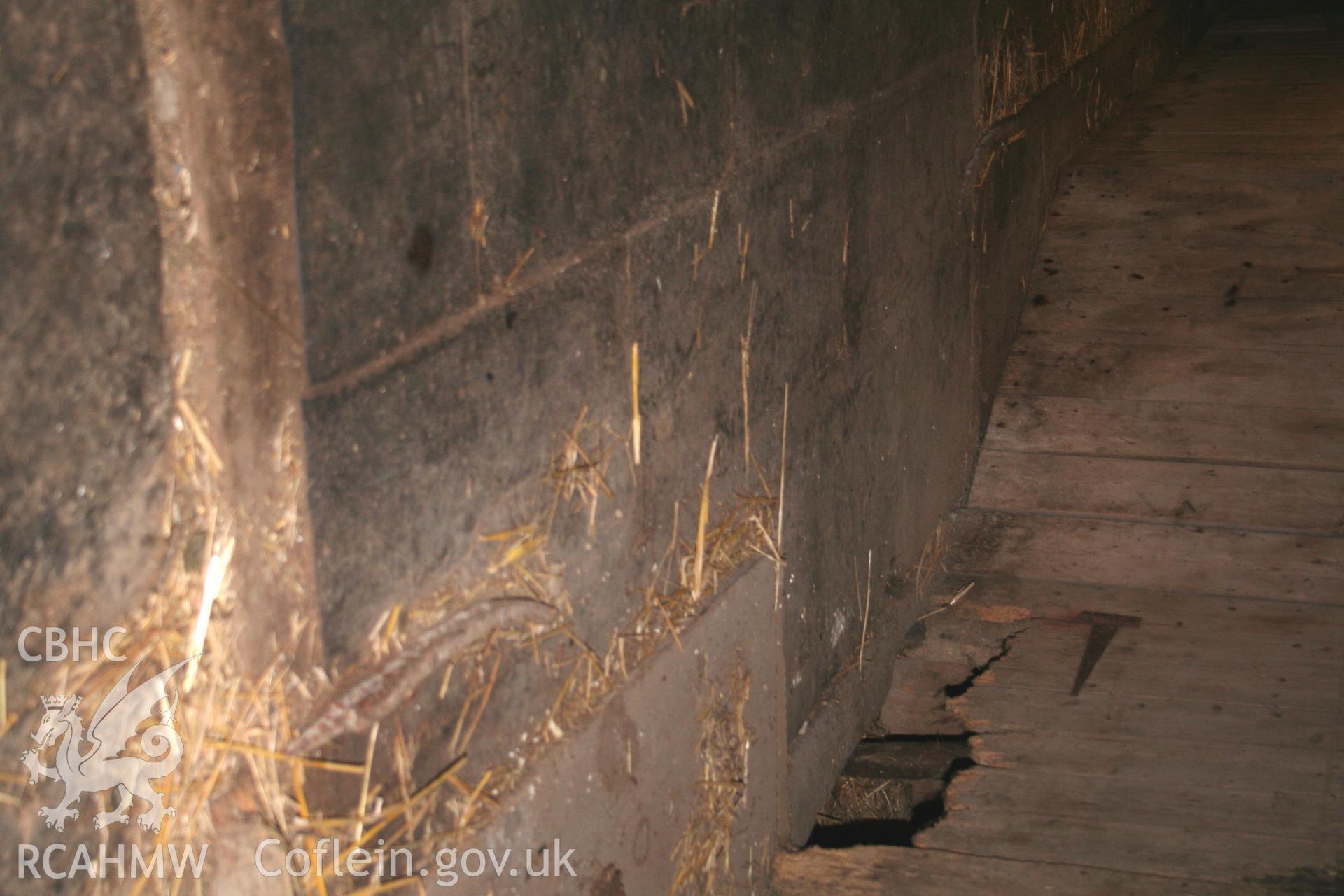 Interior view of wooden floorboards. Photographic survey of the northern range of cattle-shelters at Tan-y-Graig Farm, Llanfarian, conducted by Geoff Ward and John Wiles, 11th December 2006.