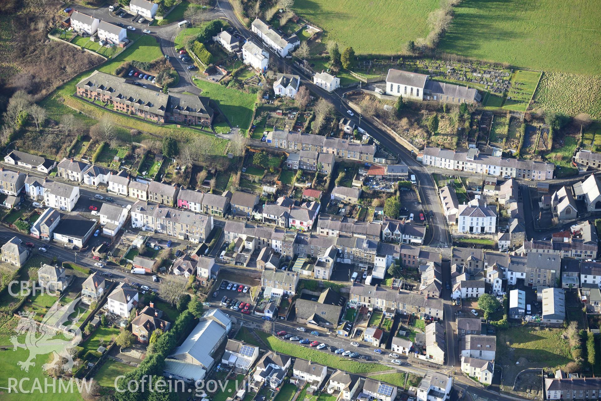 Llandysul including view of Seion Chapel; Capel-y-Graig; Ebenezer Chapel and Myfrgell. Oblique aerial photograph taken during the Royal Commission's programme of archaeological aerial reconnaissance by Toby Driver on 6th January 2015.