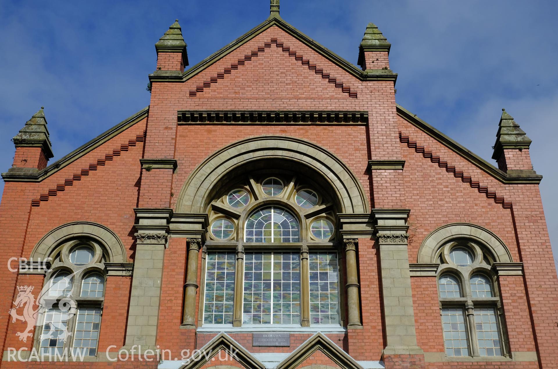 Colour photograph showing detail of Capel Bethania, Bethesda's facade, produced by Richard Hayman 16th March 2017