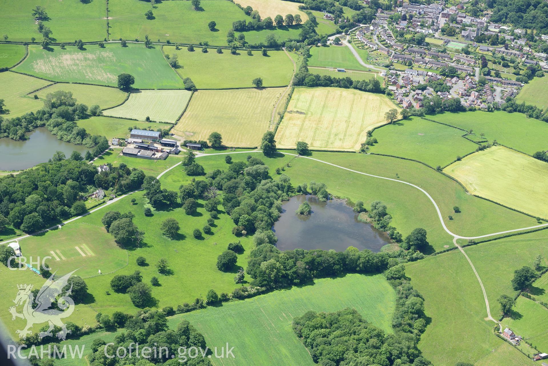 Lymore Hall and the associated park, farmhouse, and farm outbuildings with the town of Montgomery beyond. Oblique aerial photograph taken during the Royal Commission's programme of archaeological aerial reconnaissance by Toby Driver on 30th June 2015.