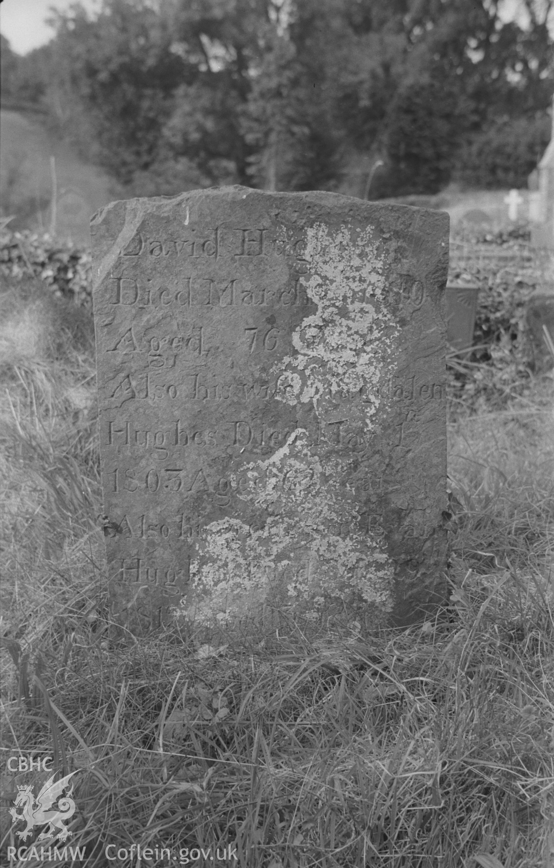 Digital copy of a black and white negative showing view of gravestone in memory of the Hughes family at St. Non's Church, Llanerchaeron. Photographed by Arthur O. Chater in September 1966.