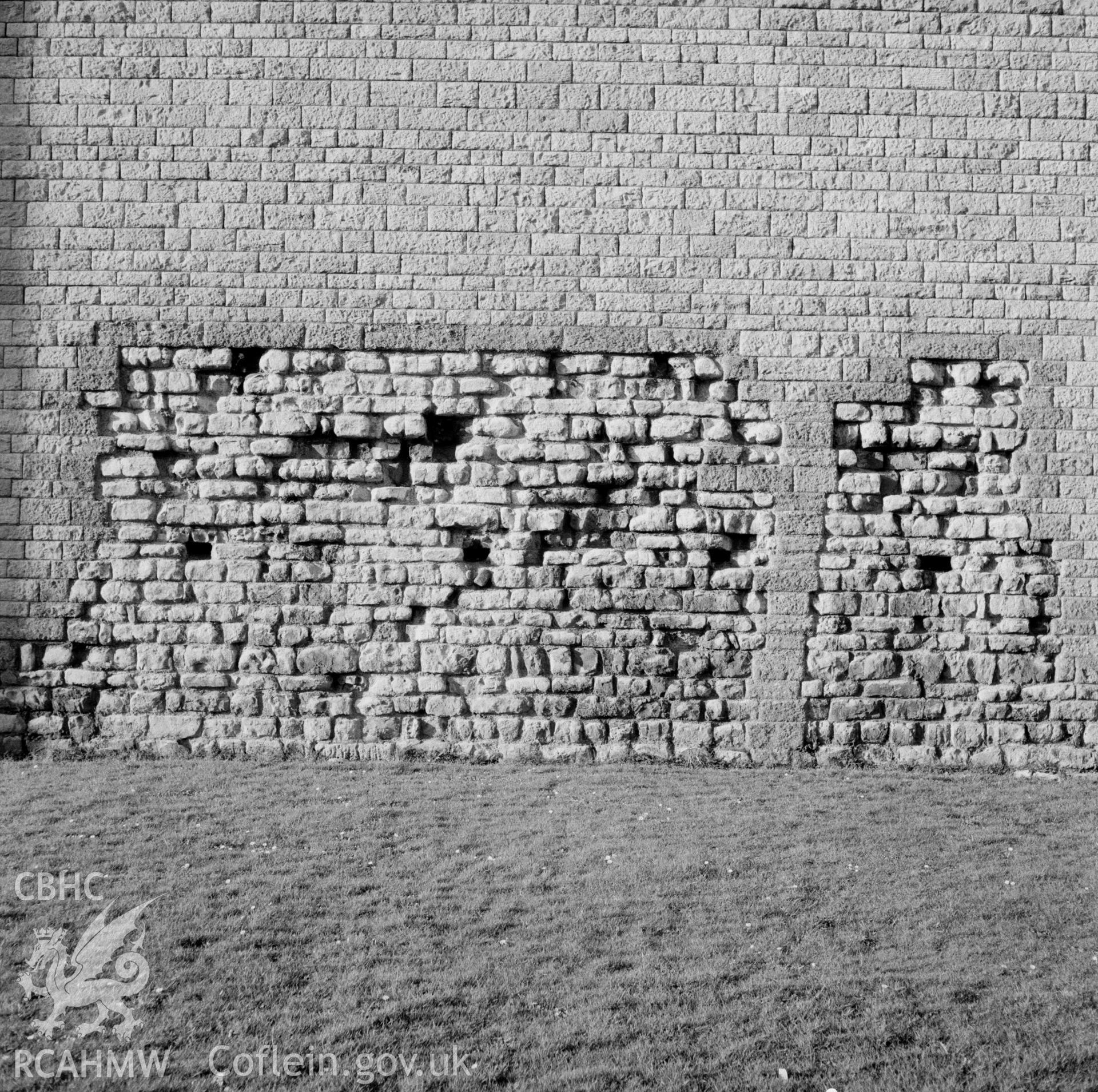 Digital copy of a black and white negative showing south wall of Cardiff Castle, taken 21st February 1966.