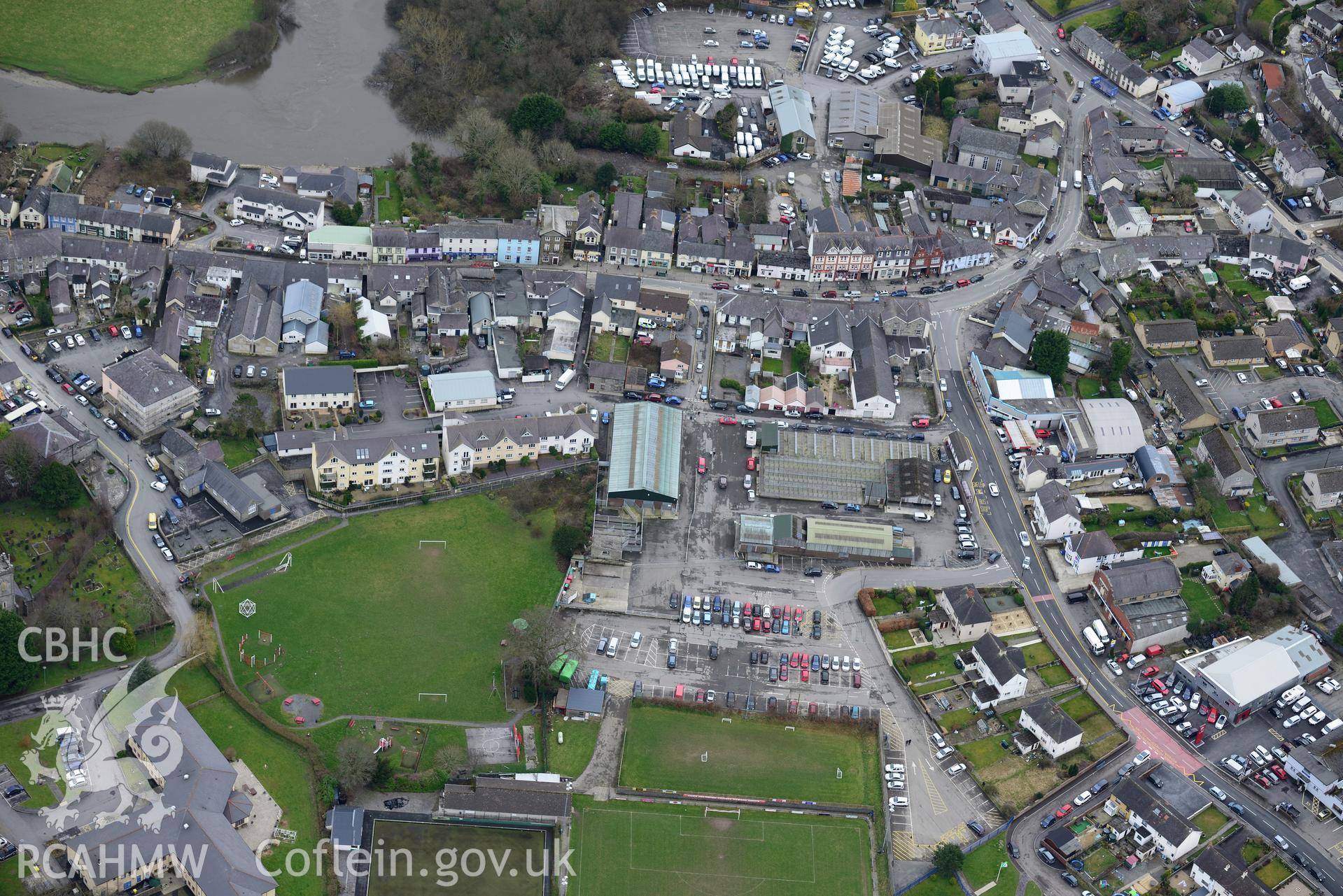 Newcastle Emlyn livestock market, Newcastle Emlyn. Oblique aerial photograph taken during the Royal Commission's programme of archaeological aerial reconnaissance by Toby Driver on 13th March 2015.