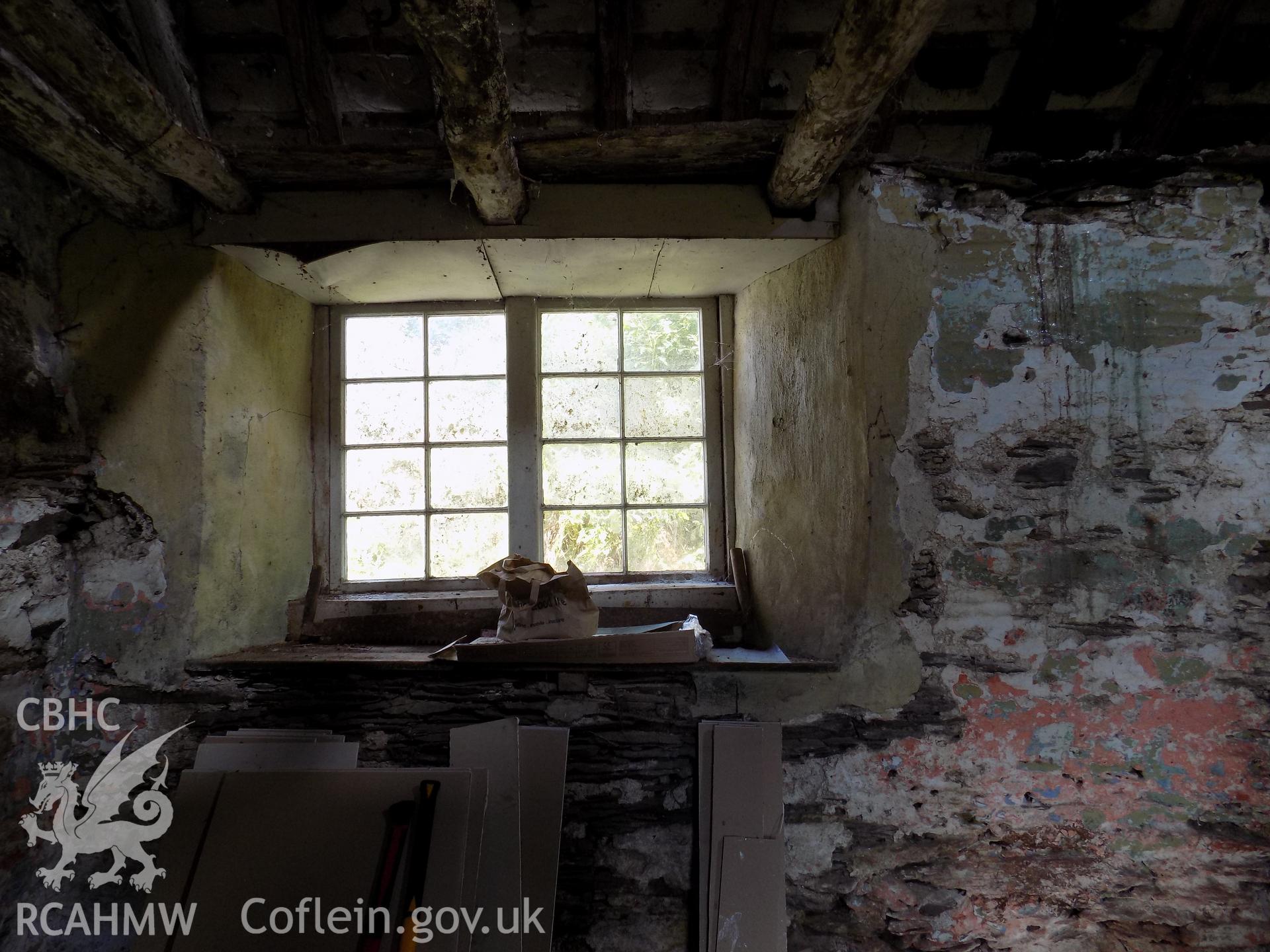 Digital colour photograph showing interior view of window in building attached to Tywyll Nodwydd house, Pennal, dated 2019. Photographed by Mr Gary Coulsby to meet a condition attached to a planning application.