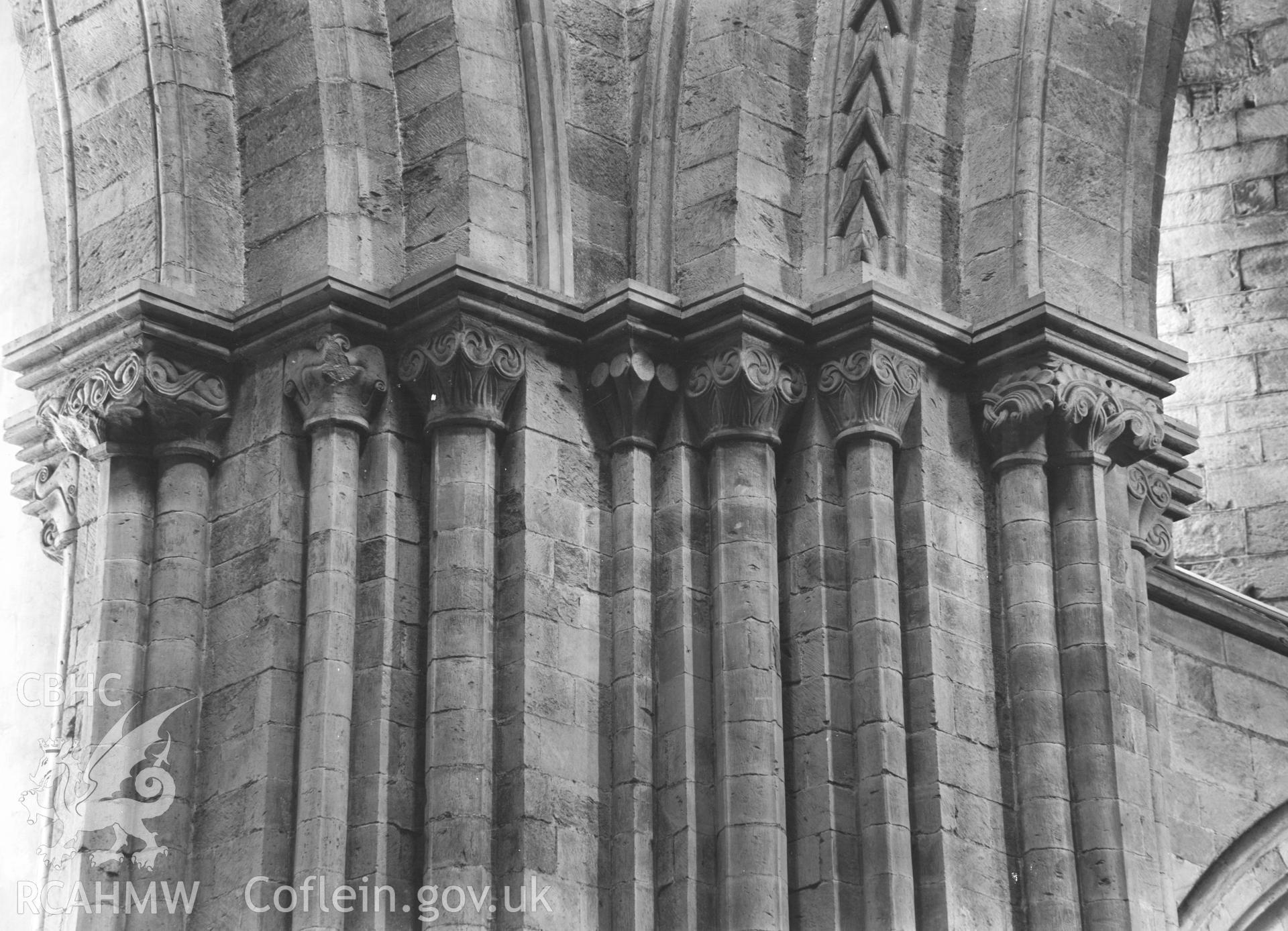 Digital copy of a black and white nitrate negative showing view of clustered columns at St. David's Cathedral, taken by E.W. Lovegrove, July 1936.