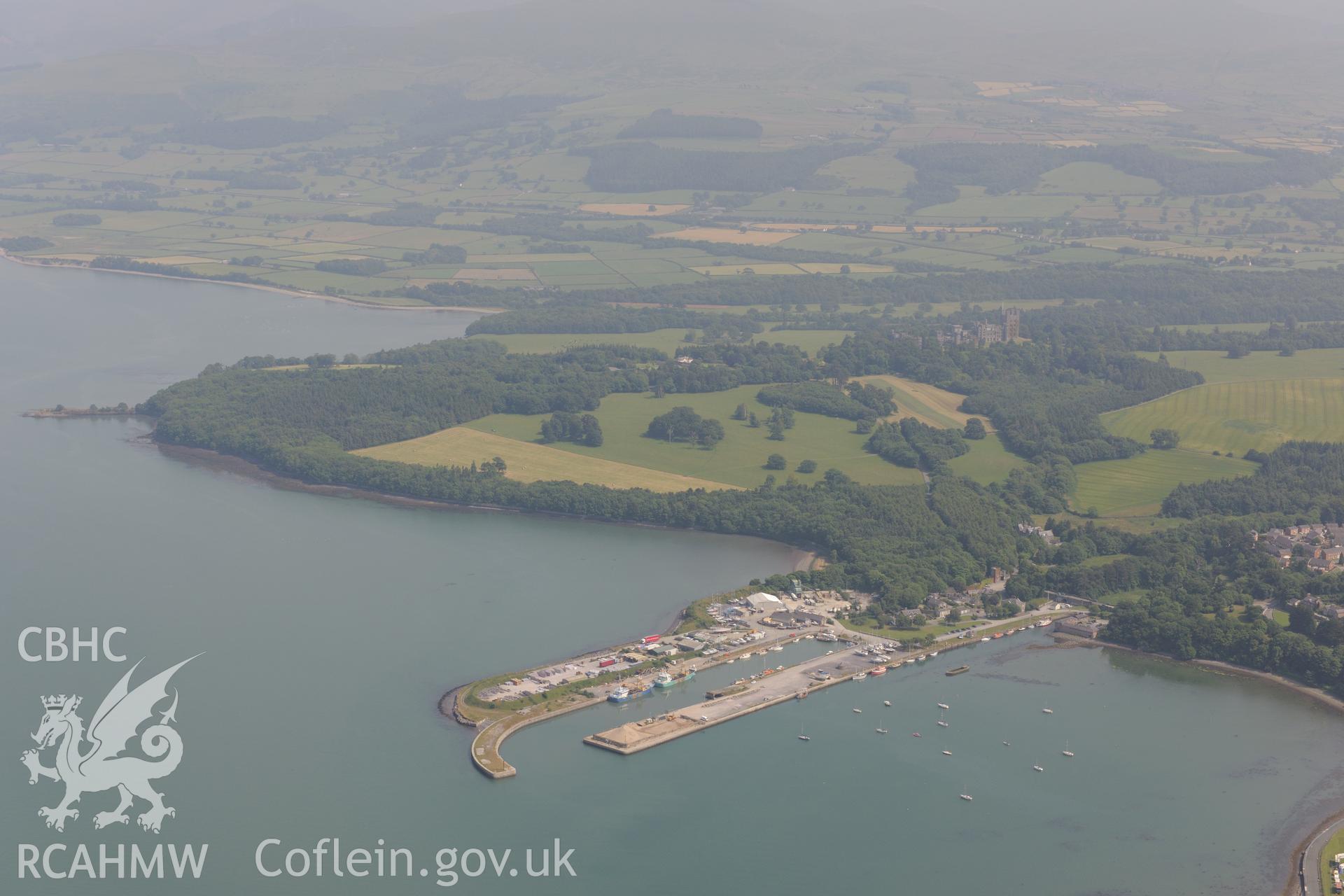 Port Penrhyn harbour, Abercegin, Bangor. Oblique aerial photograph taken during the Royal Commission?s programme of archaeological aerial reconnaissance by Toby Driver on 12th July 2013.