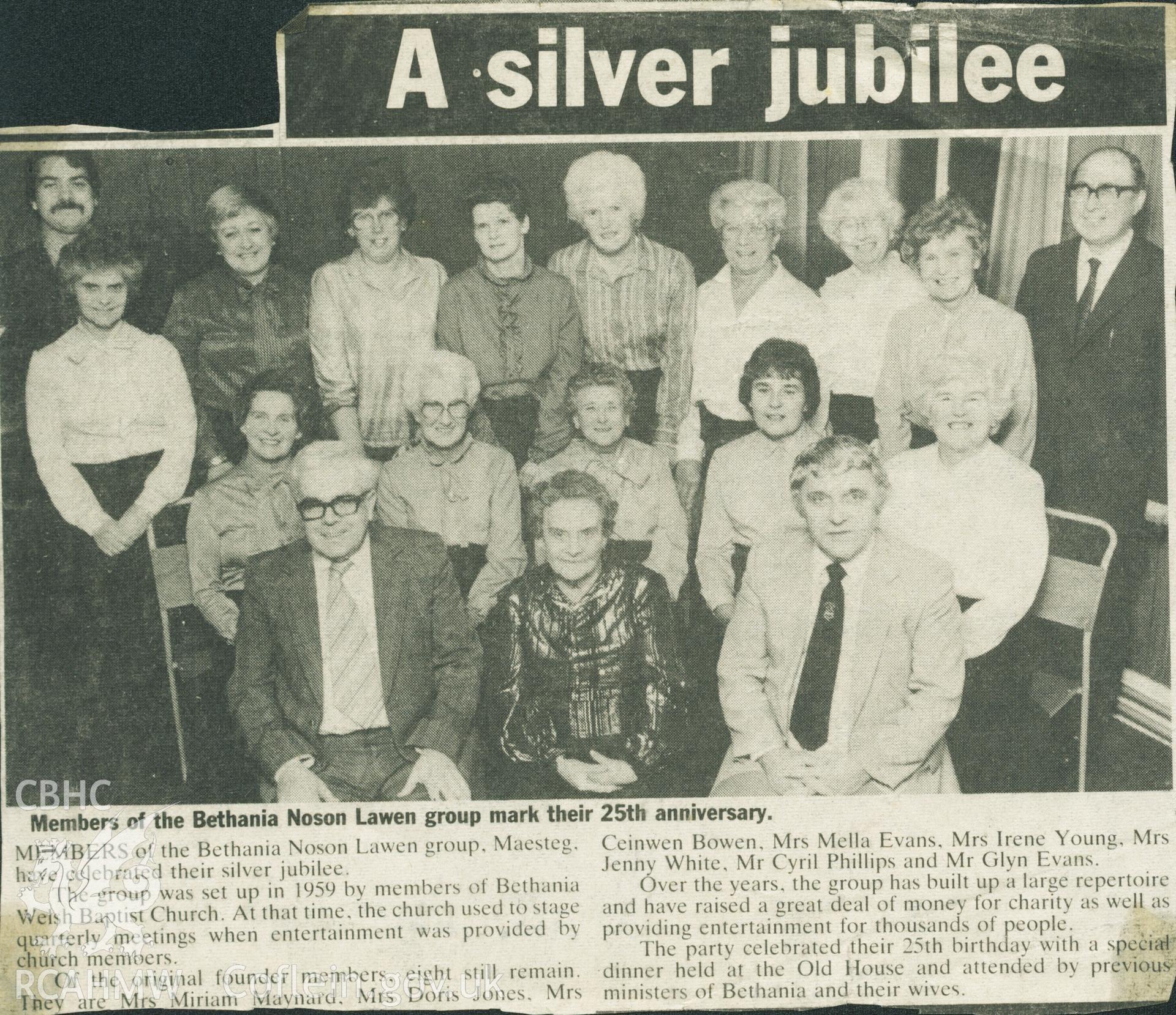 Newspaper cutting of an article celebrating the Silver Jubilee of Bethania Noson Lawen, 1984. Donated to the RCAHMW by Enyd Carroll as part of the Digital Dissent Project.