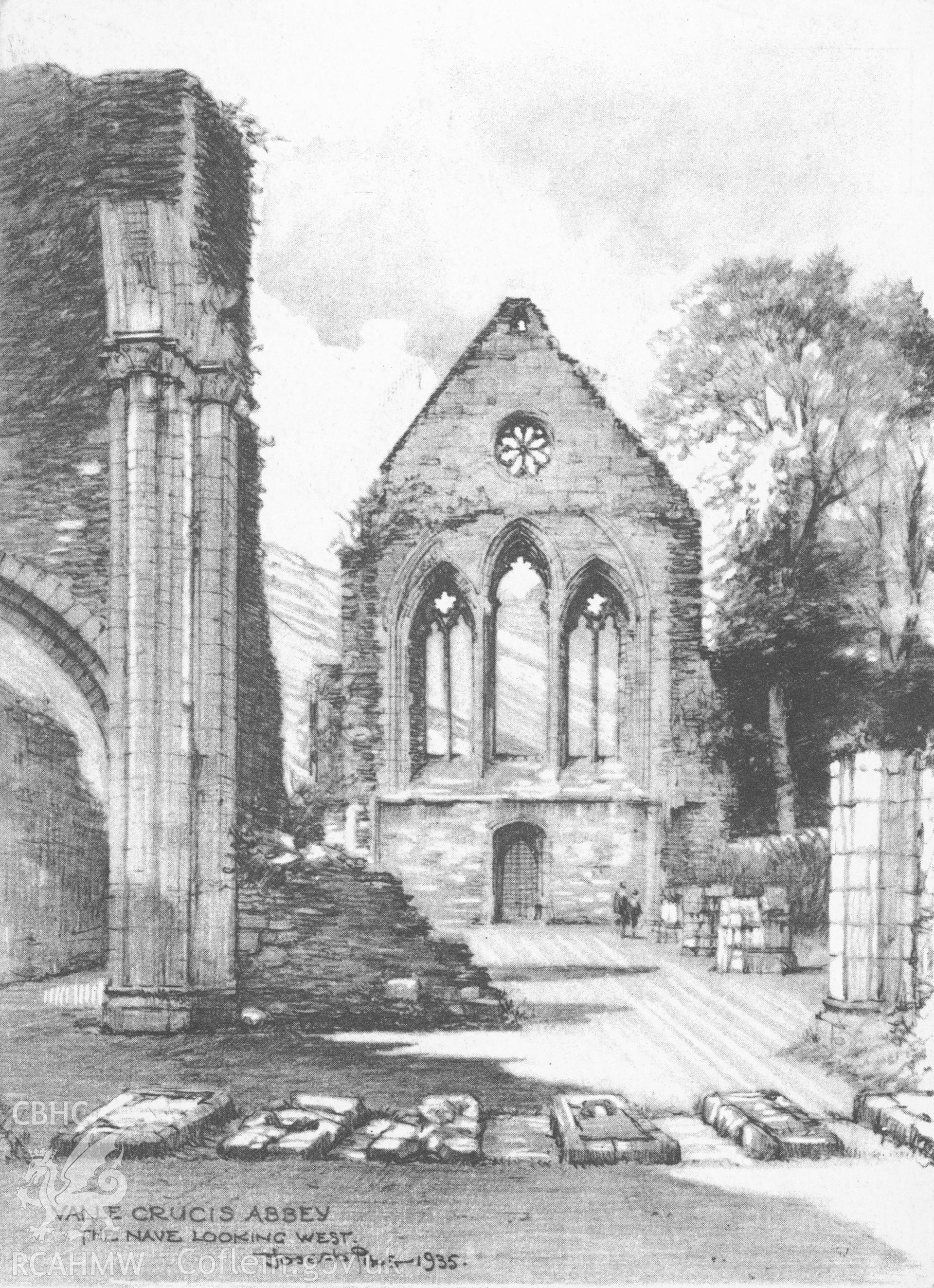 Digital copy of a black and white postcard showing Valle Crucis Abbey, the nave looking west, by Joseph Pike, 1935.