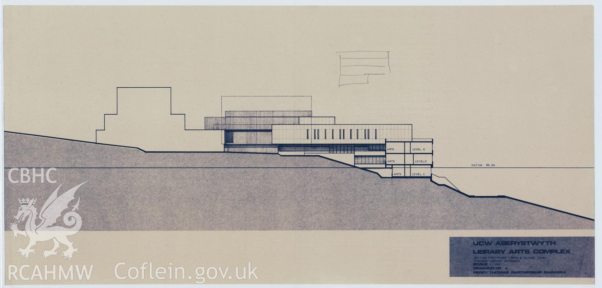 Digital copy of Drawing No 19, section thru phase 1 arts and future court towards library entrance at the proposed Library Arts Complex at University College Aberystwyth, produced by Percy Thomas Partnership. Scale 1:200.