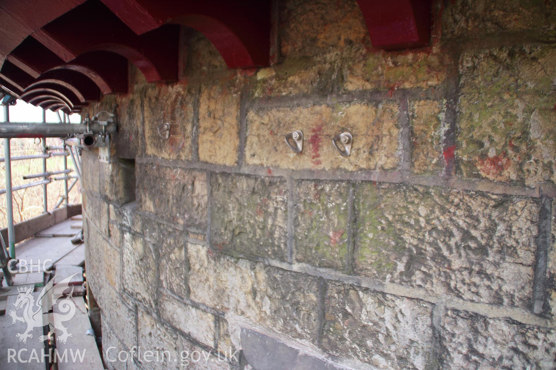 Detailed view of tower wall taken on 3rd April 2019. Part of "Castell Coch, Tongwynlais, Cardiff, Glamorgan. Archaeological Building Investigation and Recording and Watching Brief" by Richard Scott Jones of Heritage Recording Services Wales. Report No 202.