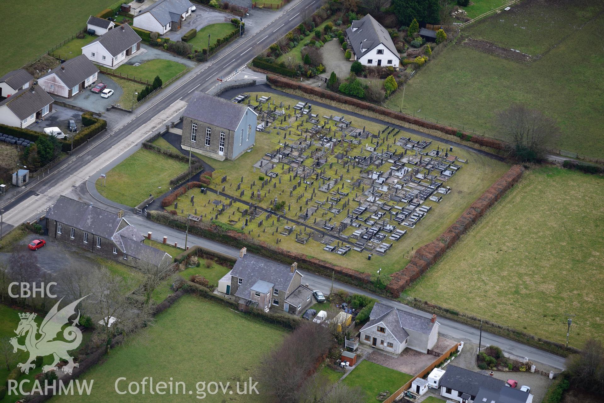 The village of Bwlch-y-Groes and Bwlch-y-Groes Welsh Independent chapel. Oblique aerial photograph taken during the Royal Commission's programme of archaeological aerial reconnaissance by Toby Driver on 13th March 2015.