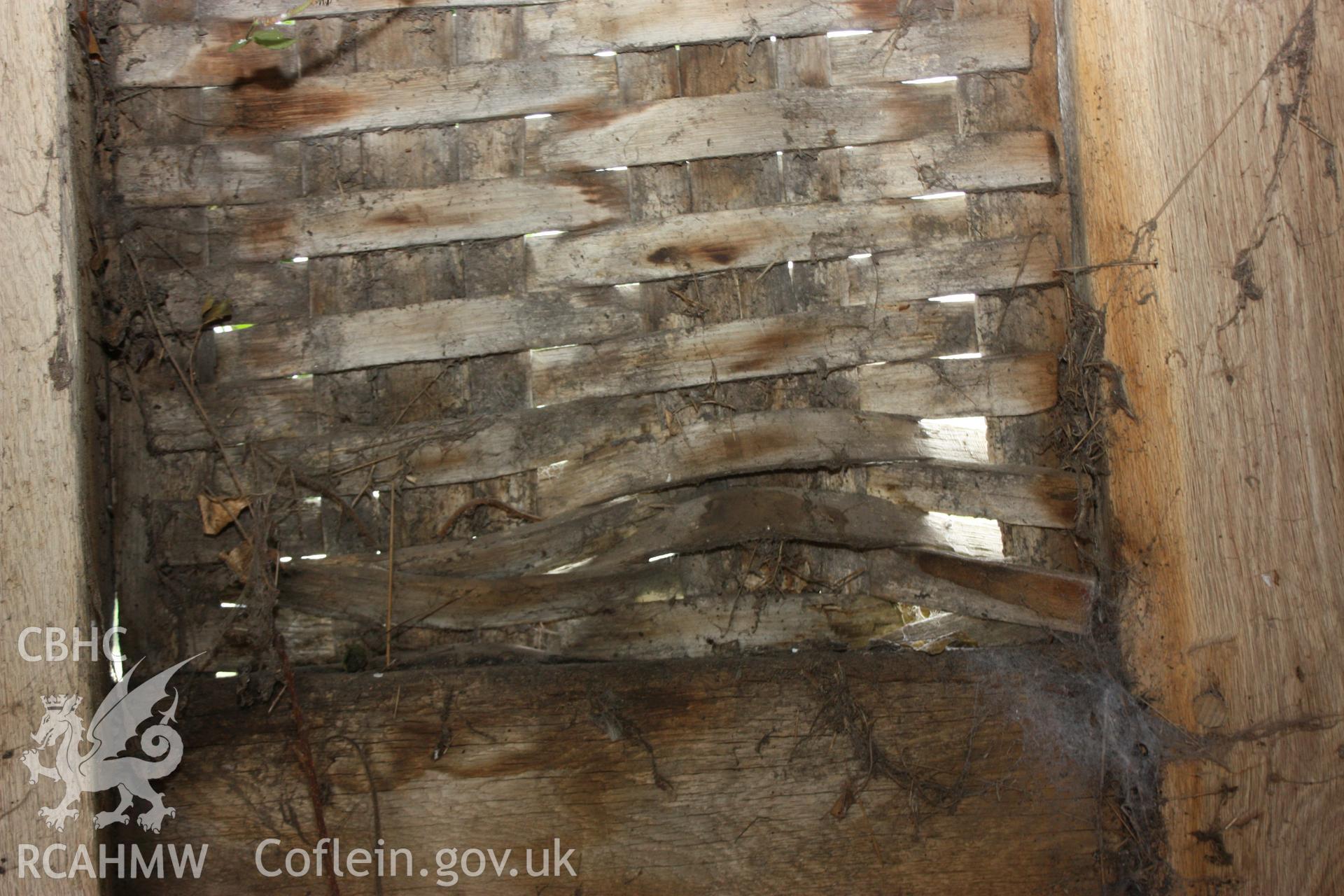 Woven wooden panelling. Photographic survey of Marian Mawr in Cwm, Denbighshire by Geoff Ward on 20th August 2010.