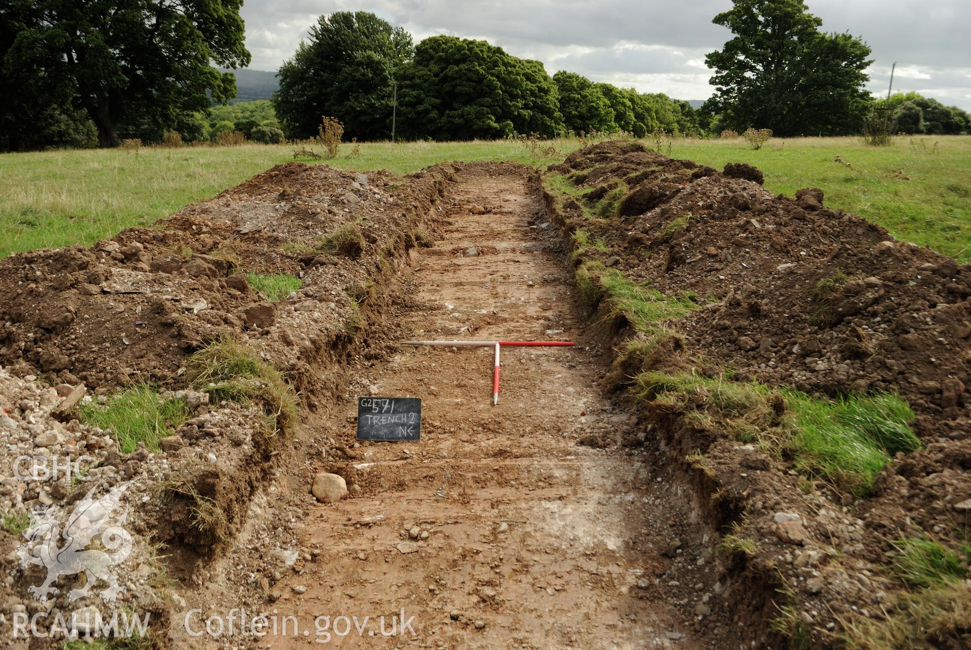 View from the west showing eastern terminal of Trench 2, post excavation. Photographed during archaeological evaluation of Kinmel Park, Abergele, conducted by Gwynedd Archaeological Trust on 24th August 2018. Project no. 2571.