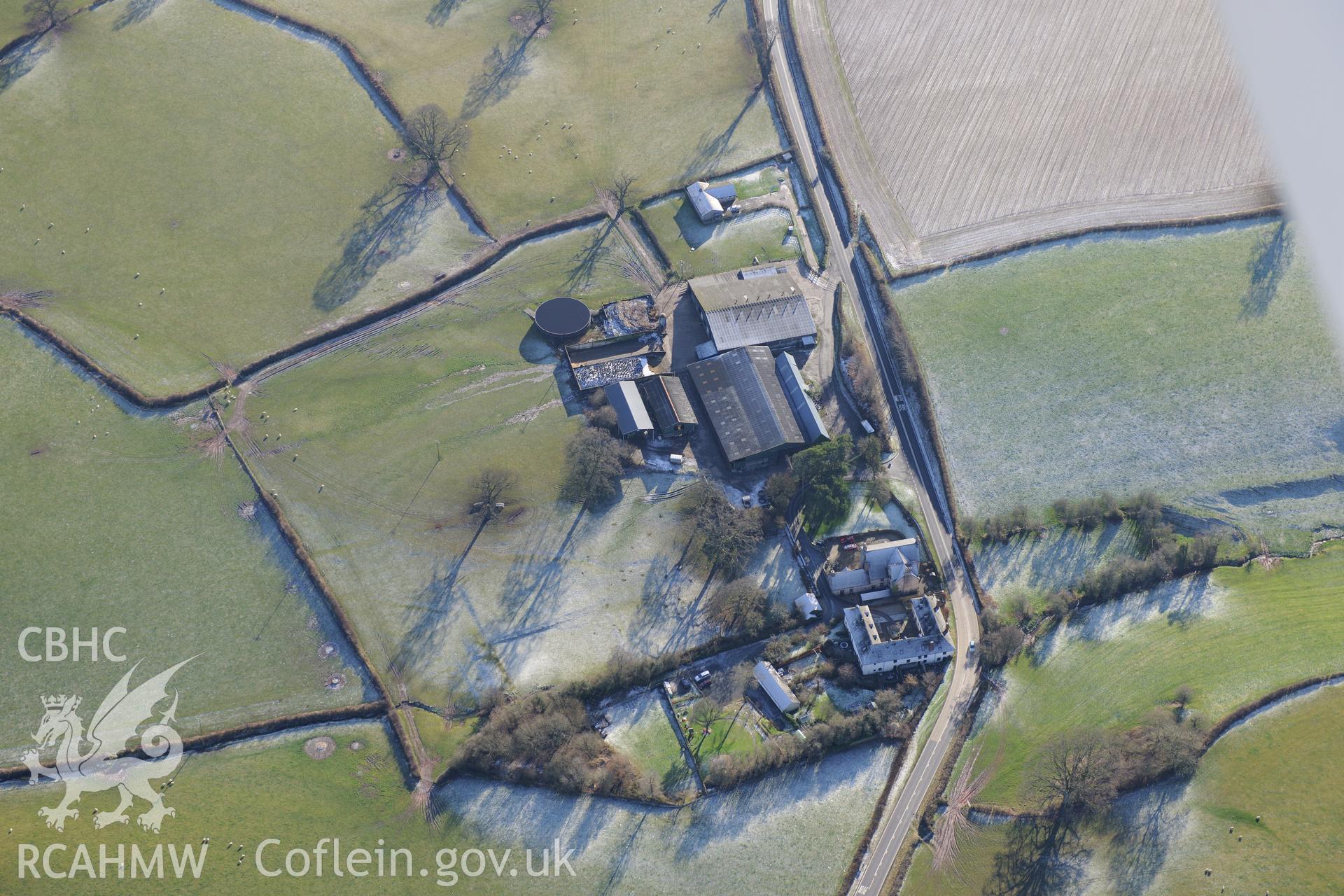Trebarries mansion with its associated gardens and stable block, north west of Talgarth, Breconshire. Oblique aerial photograph taken during the Royal Commission?s programme of archaeological aerial reconnaissance by Toby Driver on 15th January 2013.