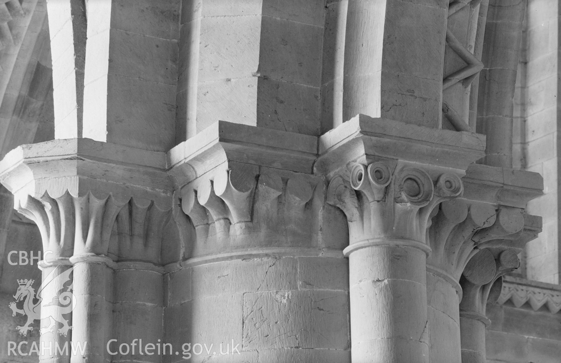 Digital copy of a black and white acetate negative showing detail of capital at St. David's Cathedral, taken by E.W. Lovegrove, July 1936