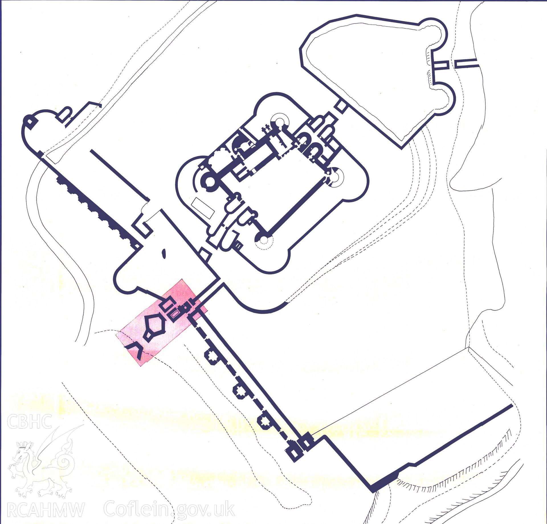 Digital copy of Cadw guardianship monument drawing of Caerphilly Castle. Castle Plan showing Grand Gateway. Cadw Ref. No:714B/381. Scale 1:96.