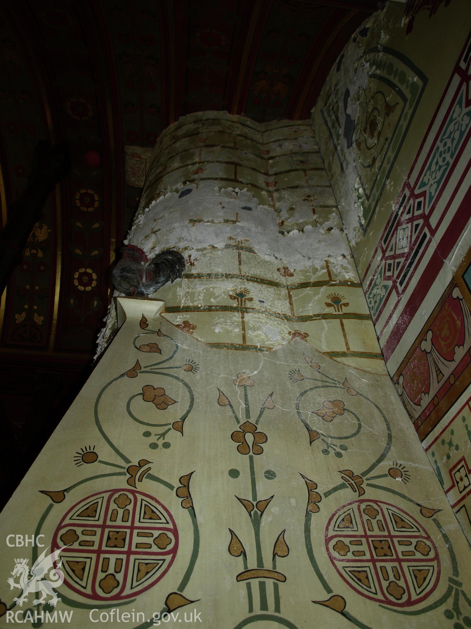 Highly decorative wall in Lord Bute's Bedroom at Castell Coch, 01/04/2019. From "Castell Coch, Tongwynlais. Archaeological Building Investigation & Recording & Watching Brief" by Richard Scott Jones, Heritage Recording Services Wales. Report No 202.