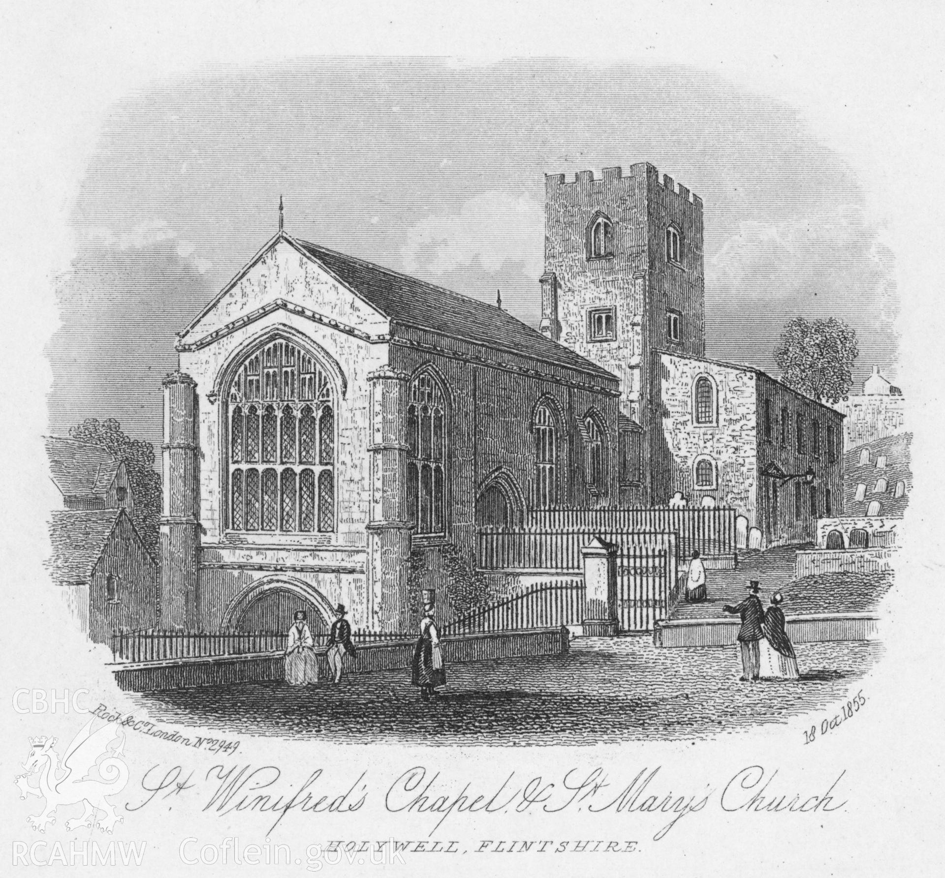 Digital copy of an etching showing St Winifrede's Well and St Mary's Church.