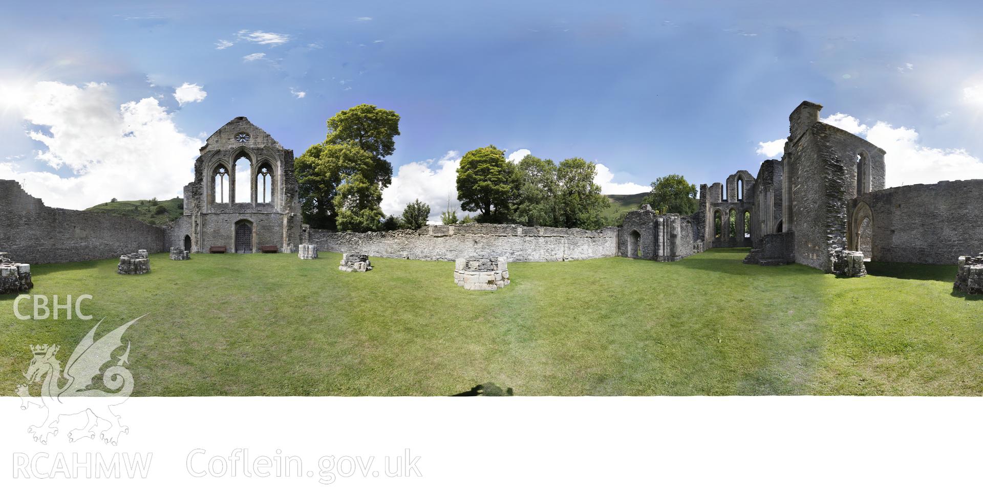 Reduced resolution .tiff file of stitched images in the west end of the abbey church at Valle Crucis Abbey, carried out by Sue Fielding and Rita Singer, July 2017. Produced through European Travellers to Wales project.