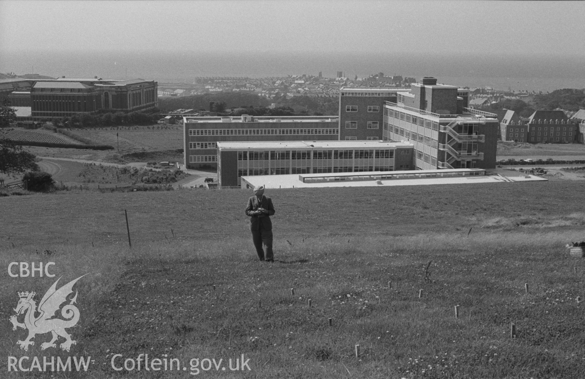 Black and White photograph showing University College Wales grass plots at Penglais, Aberystwyth, with National Library and the University's Physical Sciences building in the background. Photographed by Arthur Chater, August 1962. Grid reference: SN597818.