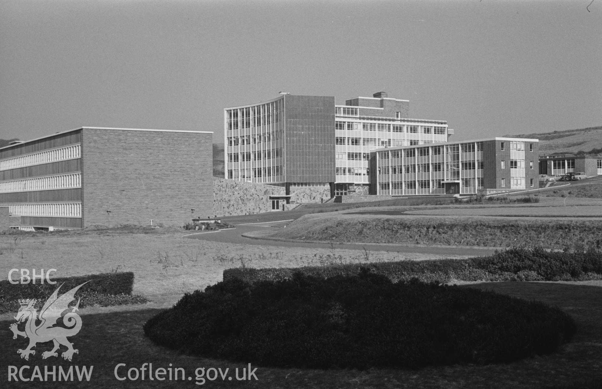 Black and White photograph showing Biology and Physics department at University College Wales, Aberystwyth. Photographed by Arthur Chater in February 1963, from Grid Reference SN 595 816, looking north north-east.