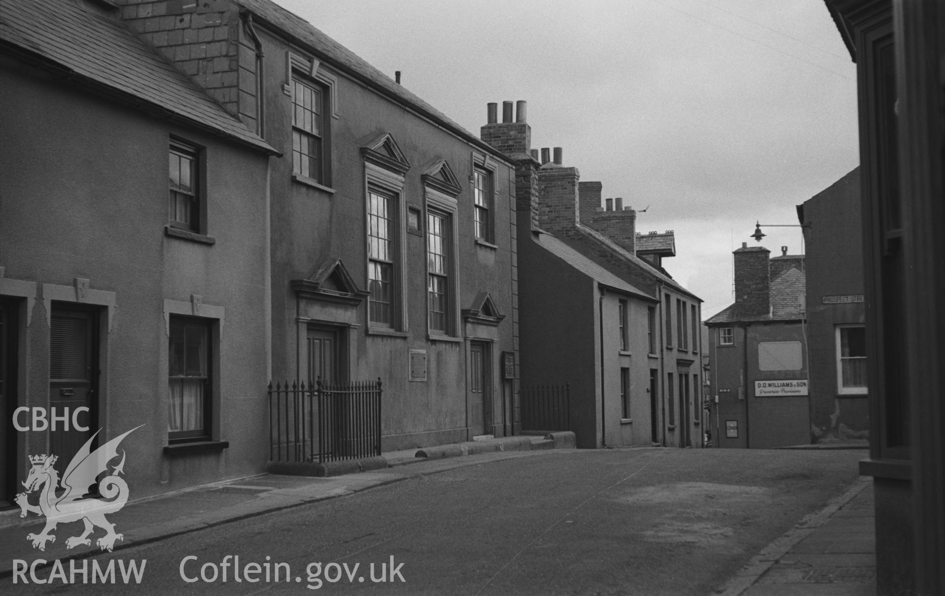 Black and White photograph showing Sion Welsh Independent Chapel (now Merched y Wawr national headquarters) on Vulcan Street, Aberystwyth. Photographed by Arthur Chater in March 1961, from grid reference: SN 5811 8151, looking east north east.