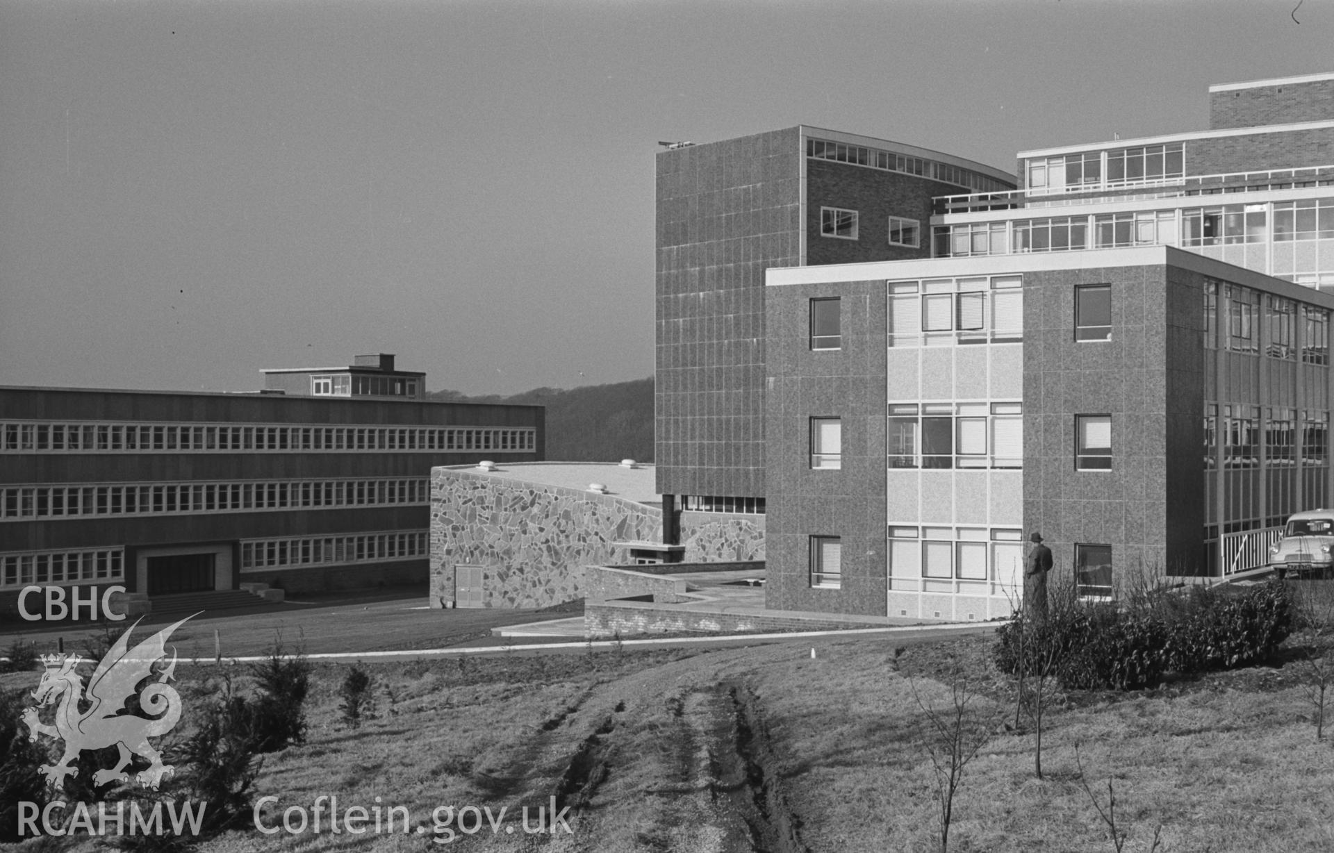 Black and White photograph showing Biology and Physics department at University College Wales, Aberystwyth. Photographed by Arthur Chater in February 1963, from Grid Reference SN 5966 8172, looking north west.