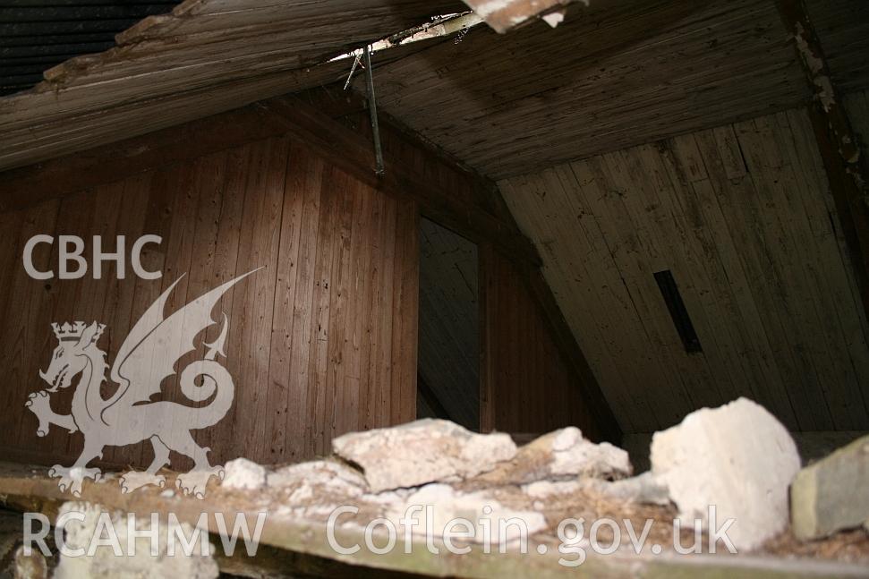 Dwelling end of Allt Ddu farmhouse, loft detail, tongue and groove ceiling/partition.