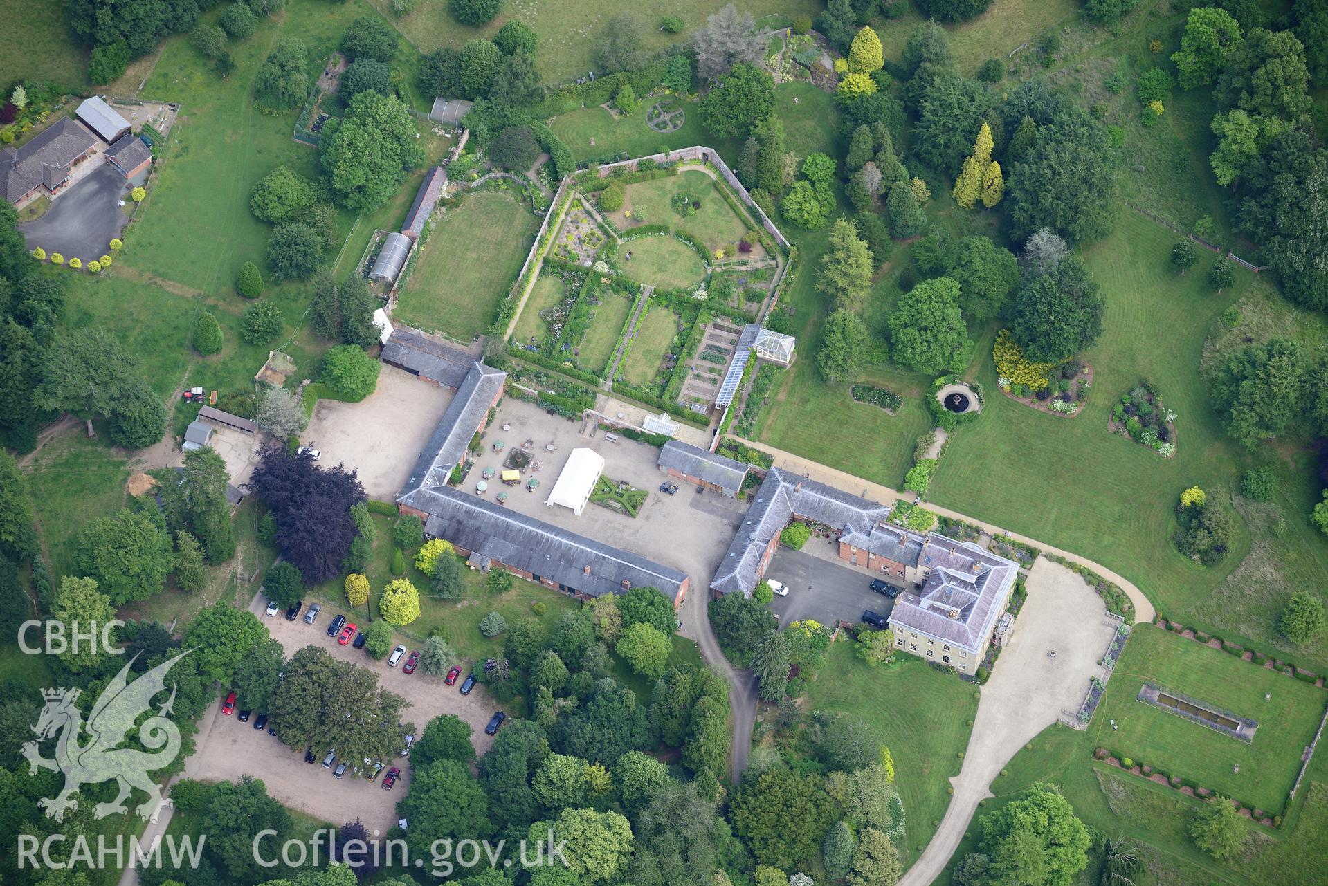 Glansevern hall with its stables and gardens, south east of Berriew, Montgomery. Oblique aerial photograph taken during the Royal Commission's programme of archaeological aerial reconnaissance by Toby Driver on 30th June 2015.
