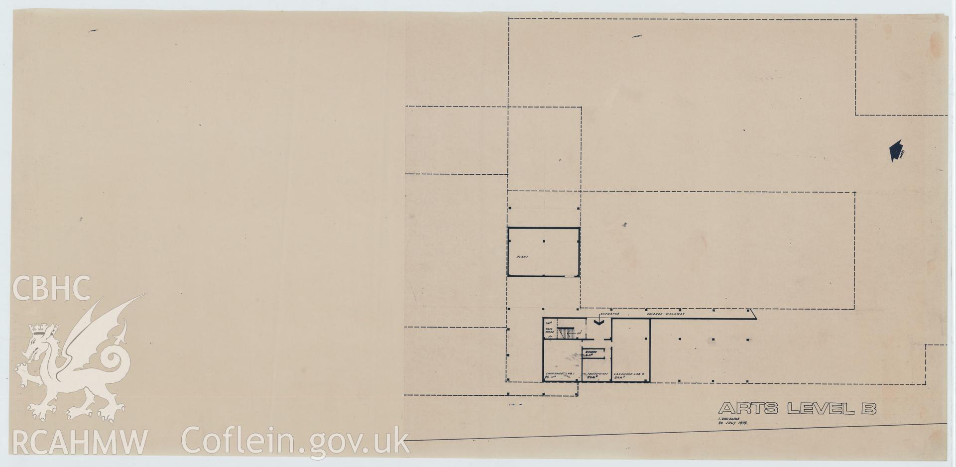 Digital copy of a plan showing Arts Level B of the proposed Library Arts Complex at University College Aberystwyth, produced by Percy Thomas Partnership. Scale 1:200.
