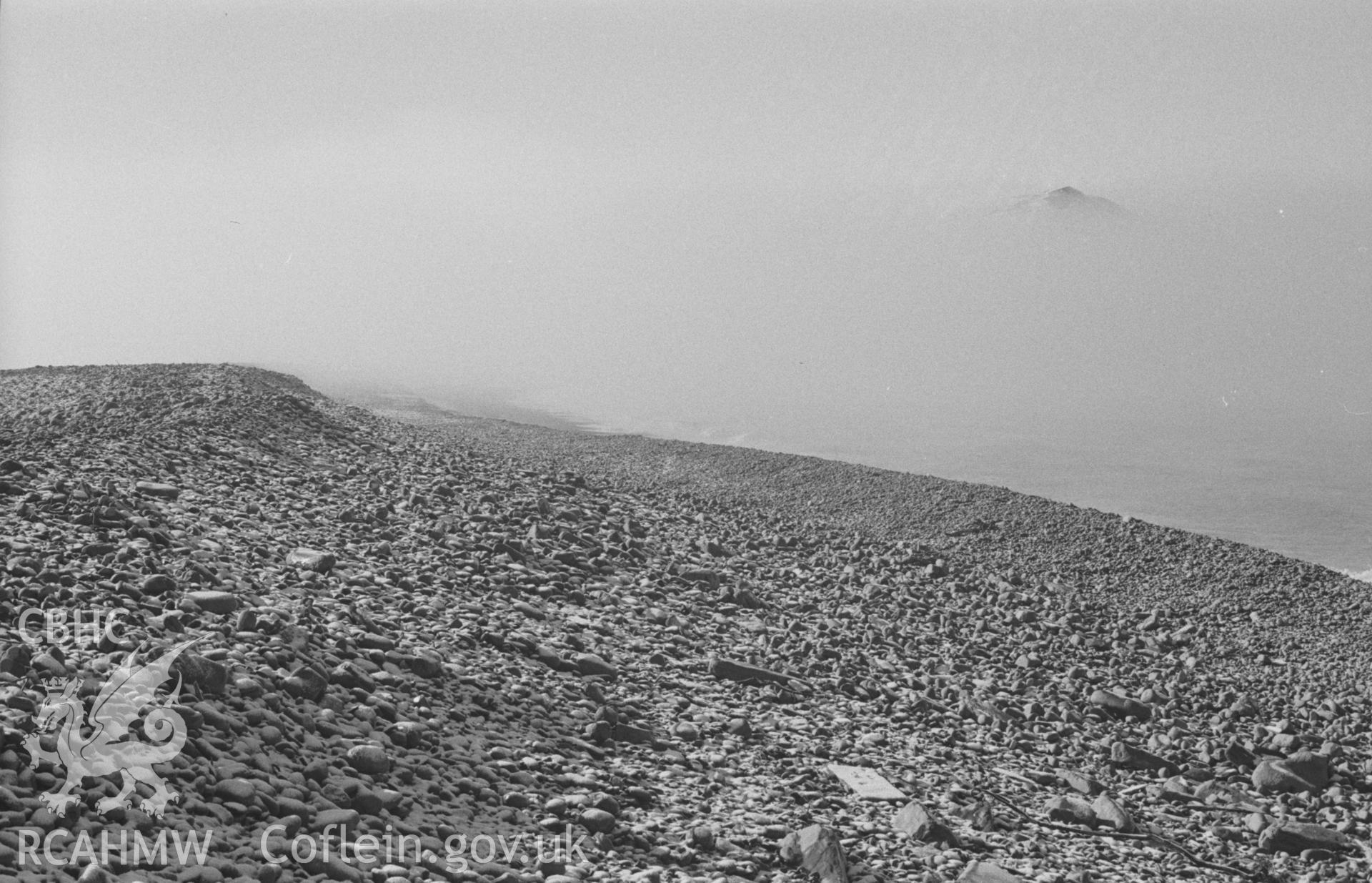 Digital copy of a black and white negative showing Allt-Wen and Tanybwlch beach, Aberystwyth, in snow and sea mist. Photographed by Arthur O. Chater in April 1968. (Looking south south west from the stone pier, Grid Reference SN 579 807).