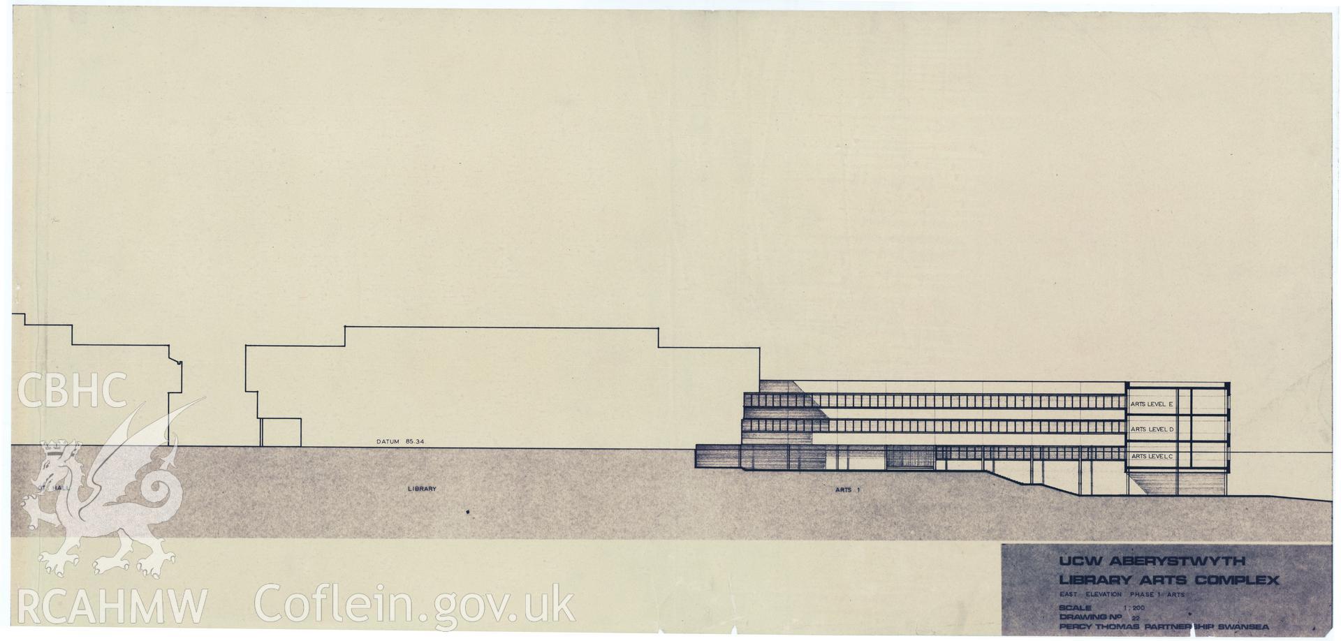 Digital copy of Drawing No 22, east elevation phase 1 arts at the proposed Library Arts Complex at University College Aberystwyth, produced by Percy Thomas Partnership. Scale 1:200.
