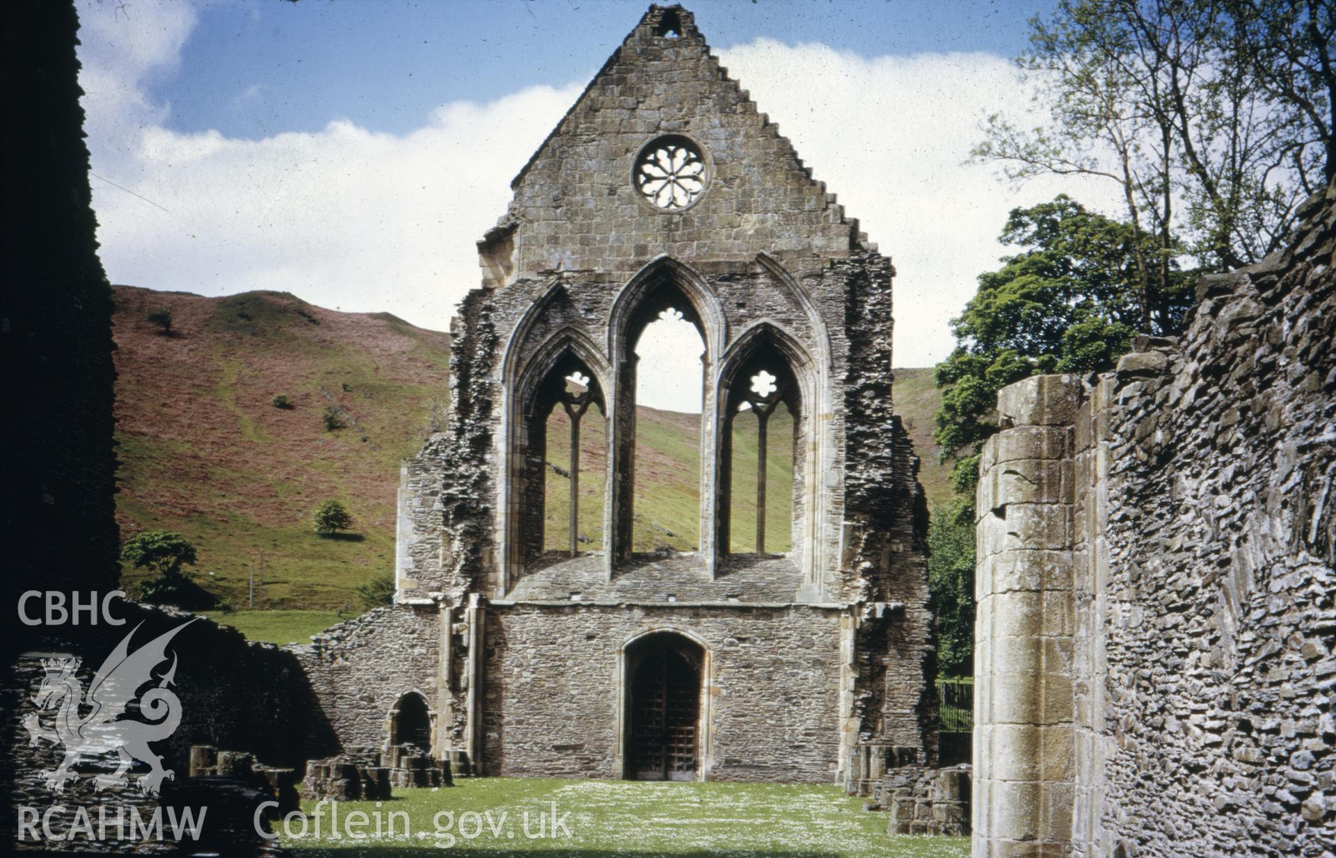 Digital copy of a colour transparency showing Valle Crucis nave looking west, taken by Lawrence Butler.