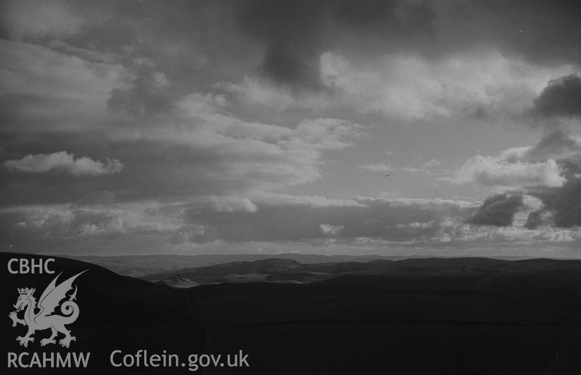 Digital copy of black and white negative showing view looking across the Rheidol valley from the Cwm-Brwyno to Ystumtuen road on Banc Bwa-drain. Photographed by Arthur O. Chater on 28th January 1968 looking south south east from Grid Reference SN 721 803.
