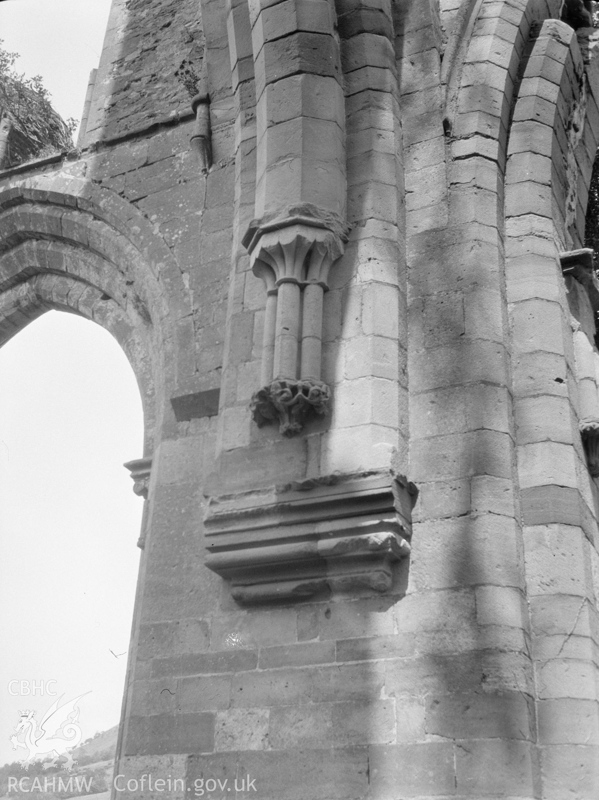 Digital copy of a nitrate negative showing exterior view of north side of chancel arch, Llanthony Abbey. From the National Building Record Postcard Collection.