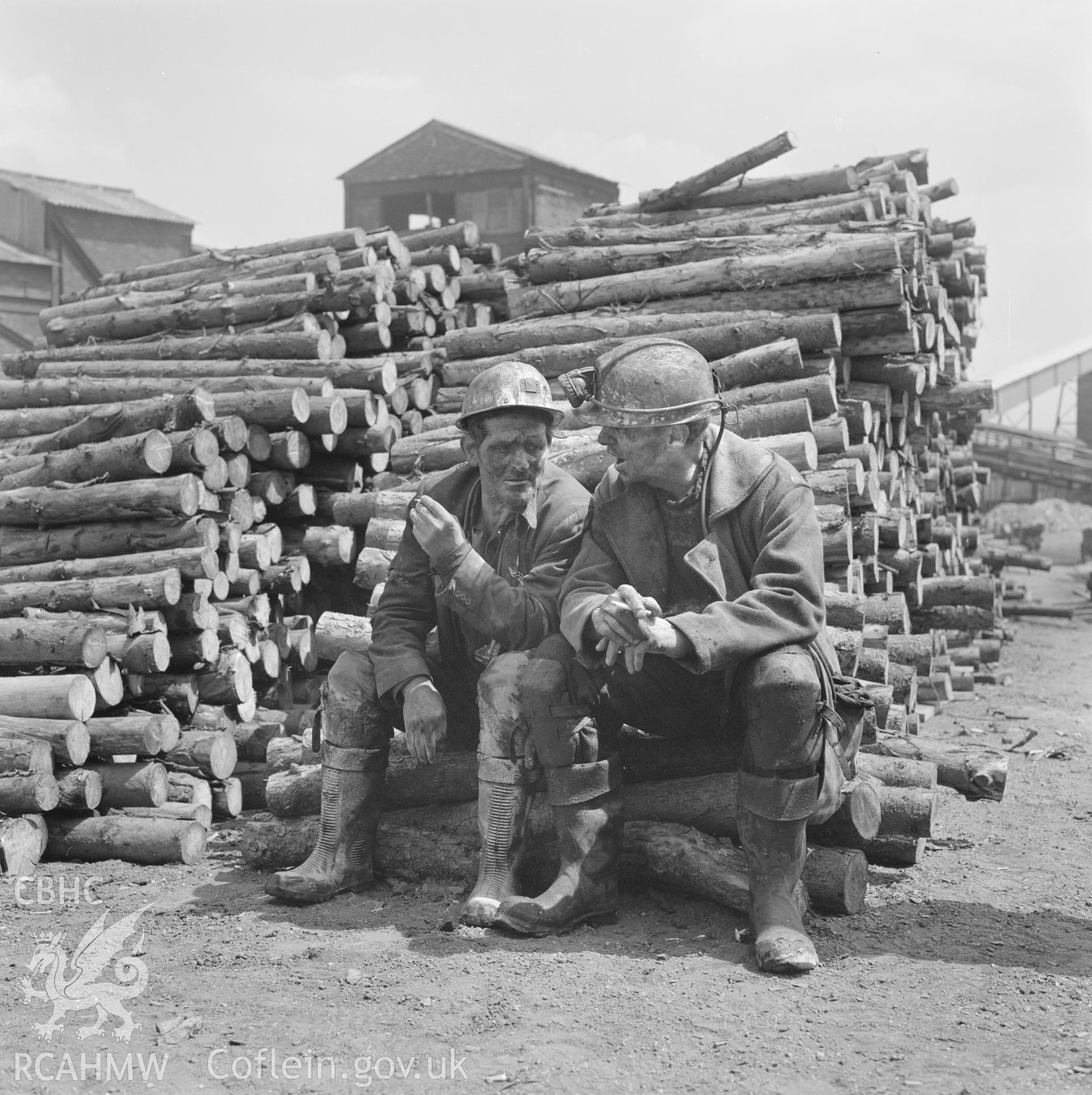 Digital copy of an acetate negative showing men in timber yard at Big Pit, from the John Cornwell Collection.