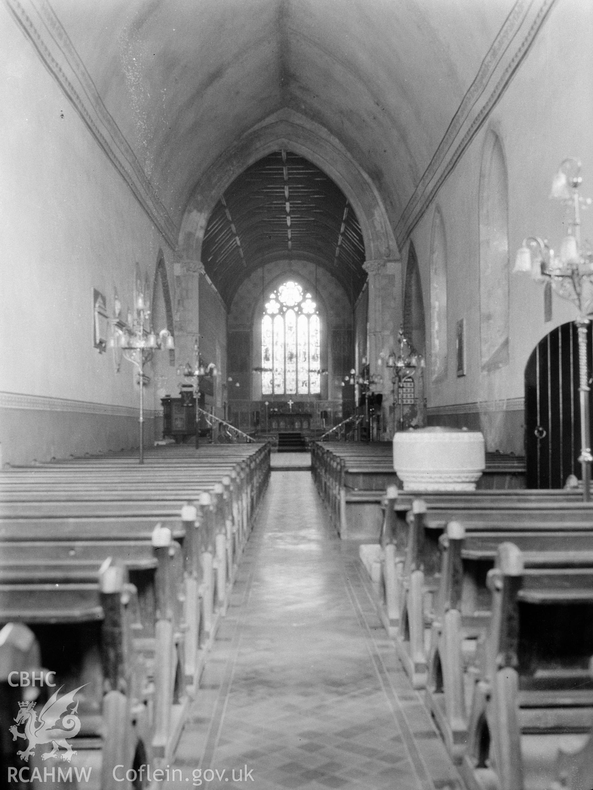 Digital copy of a nitrate negative showing interior from west, view of nave, St Nicholas' Priory Church, Monkton. From the National Building Record Postcard Collection.