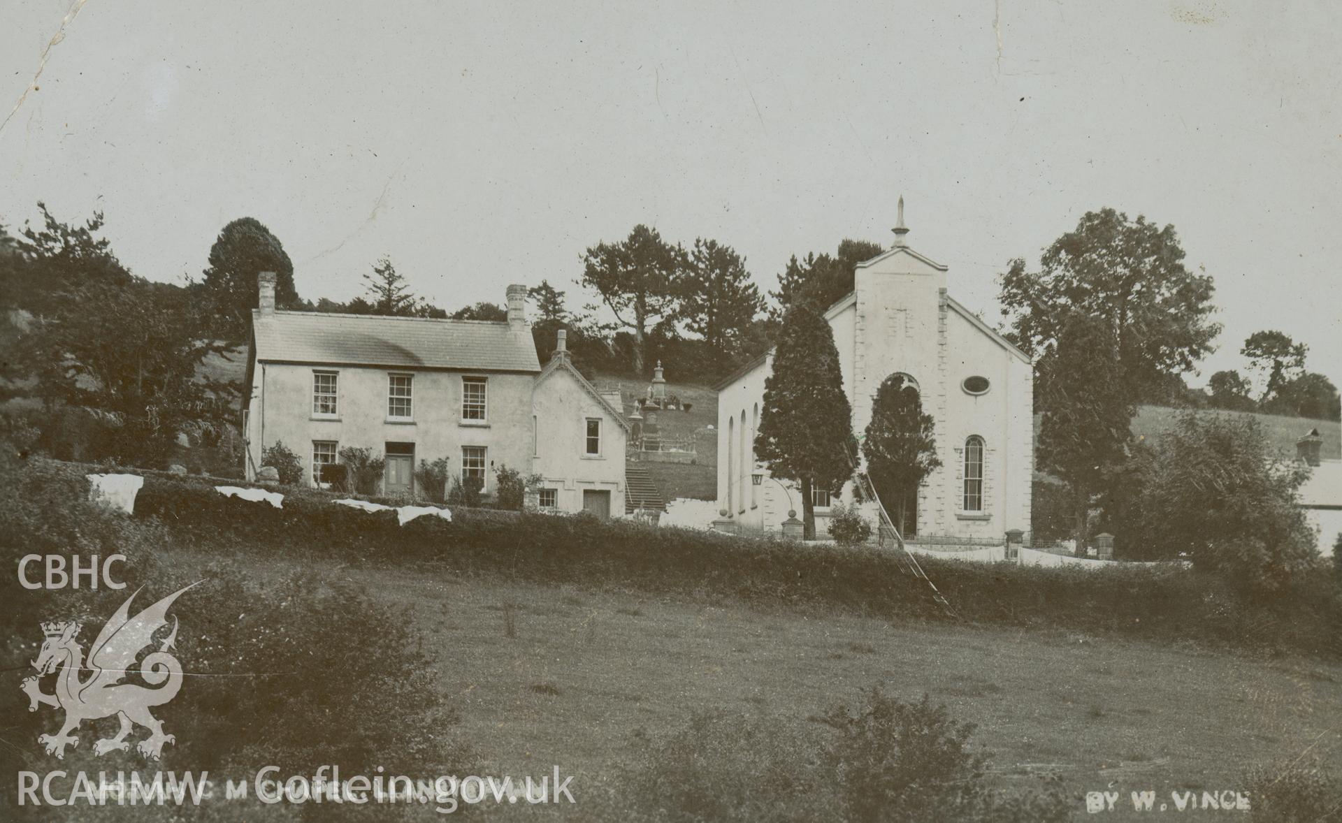Digital copy of black and white postcard showing exterior view of Moreia Welsh Calvinisic Methodist chapel, Llansteffan. Bottom right of postcard reads 'BY W. VINCE.' Postcard was franked on 5th July 1909. Loaned for copying by Thomas Lloyd.